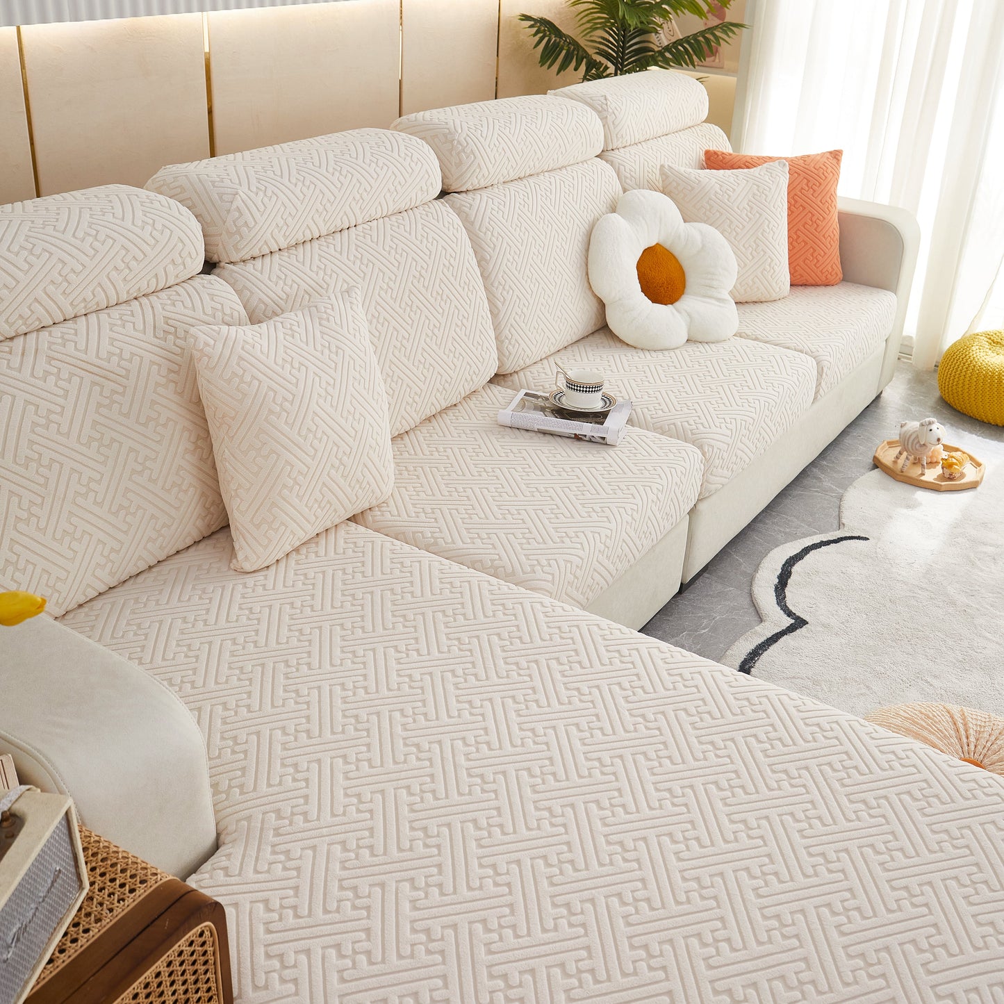 Polar Fleece Couch Cushion Covers, Stretch Sofa Seat Cushion Covers, Elastic Furniture Protector for Pets, Kid on modern sofa
