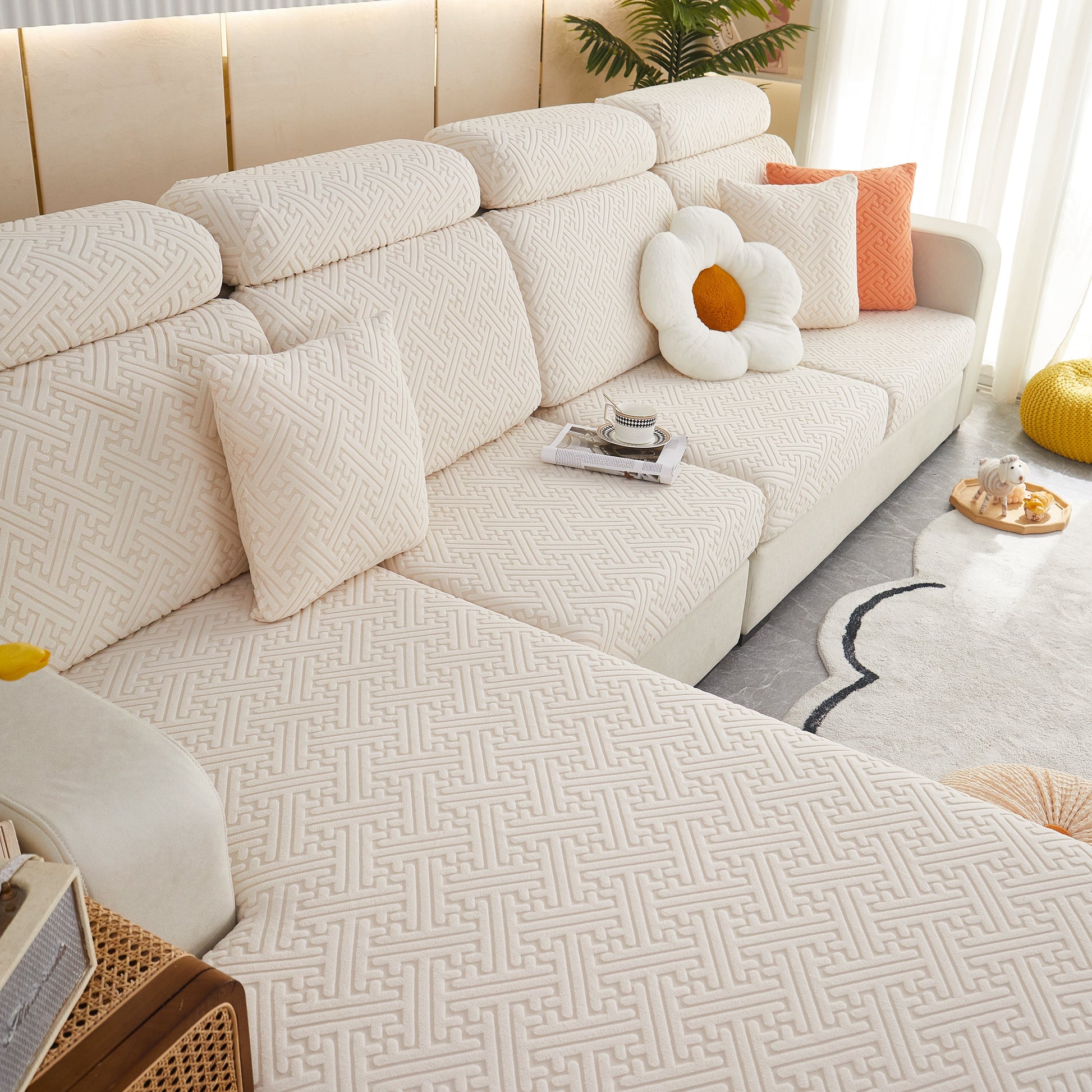 Polar Fleece Couch Cushion Covers, Stretch Sofa Seat Cushion Covers, Elastic Furniture Protector for Pets, Kid on modern sofa