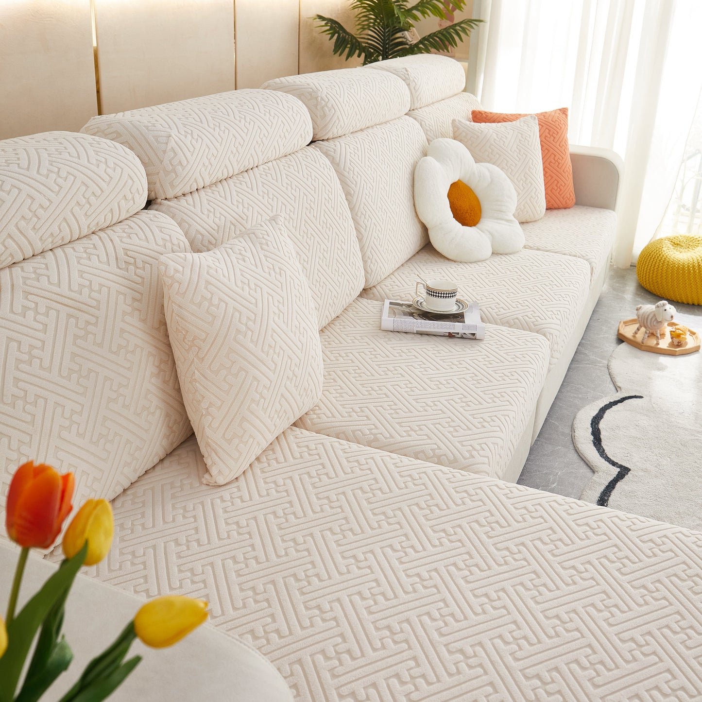 Polar Fleece Couch Cushion Covers on stylish modern sofa with decorative pillows and tulips in living room