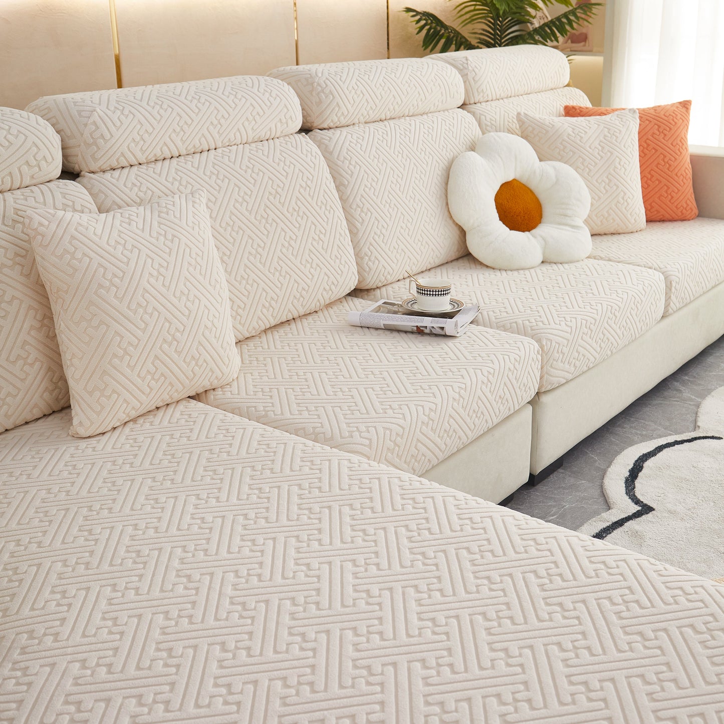 Polar Fleece Couch Cushion Covers, Stretch Sofa Seat Cushion Covers, Elastic Furniture Protector for Pets, Kid in cream color