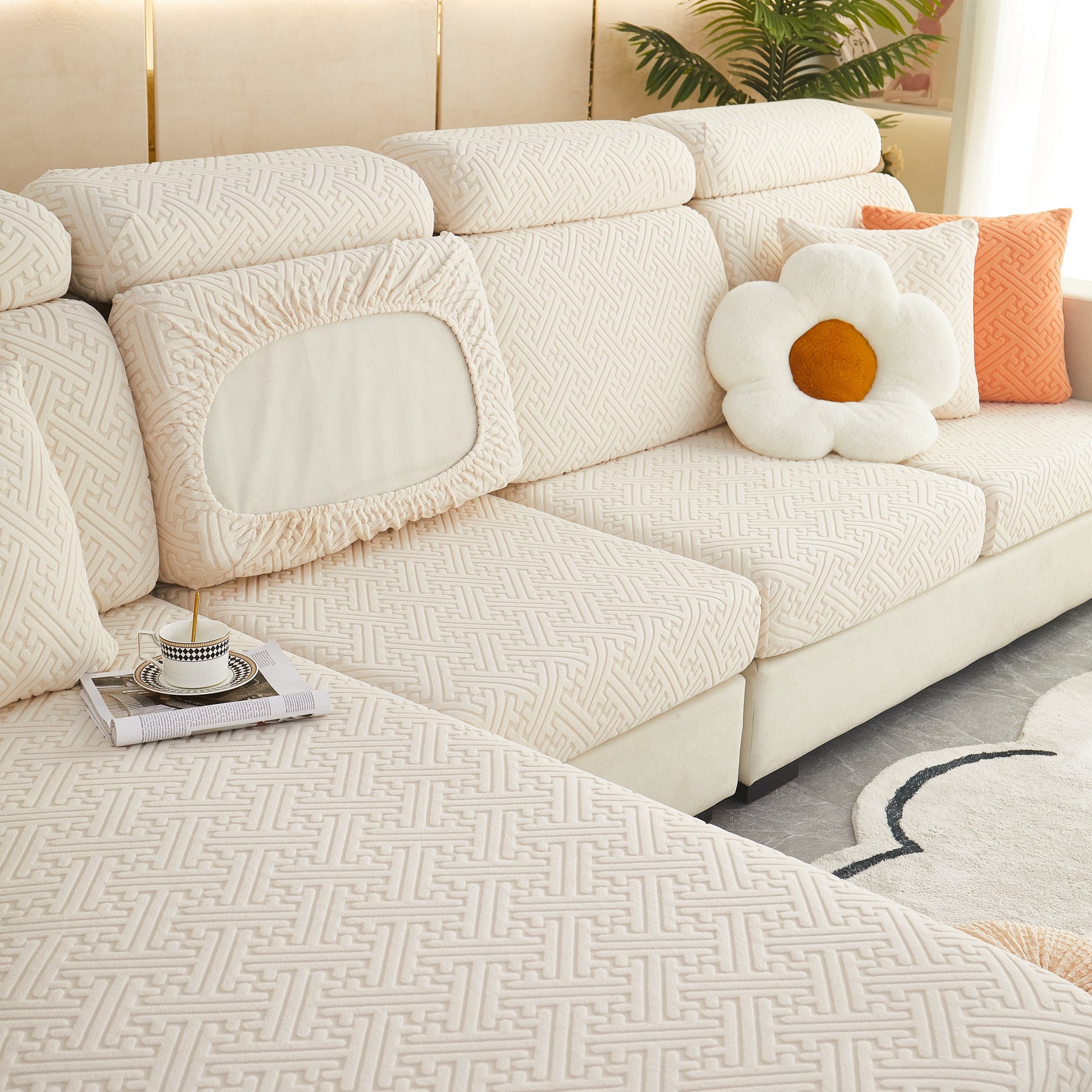 Stylish Polar Fleece Couch Cushion Covers, Stretch Sofa Seat Cushion Covers, Elastic Furniture Protector for Pets, Kids on cream sofa.