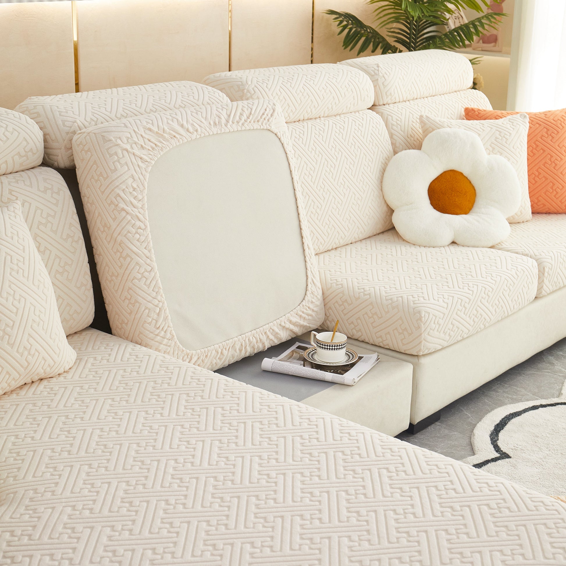 Polar Fleece Couch Cushion Covers, Stretch Sofa Seat Cushion Covers, Elastic Furniture Protector for Pets, Kid on a beige sofa
