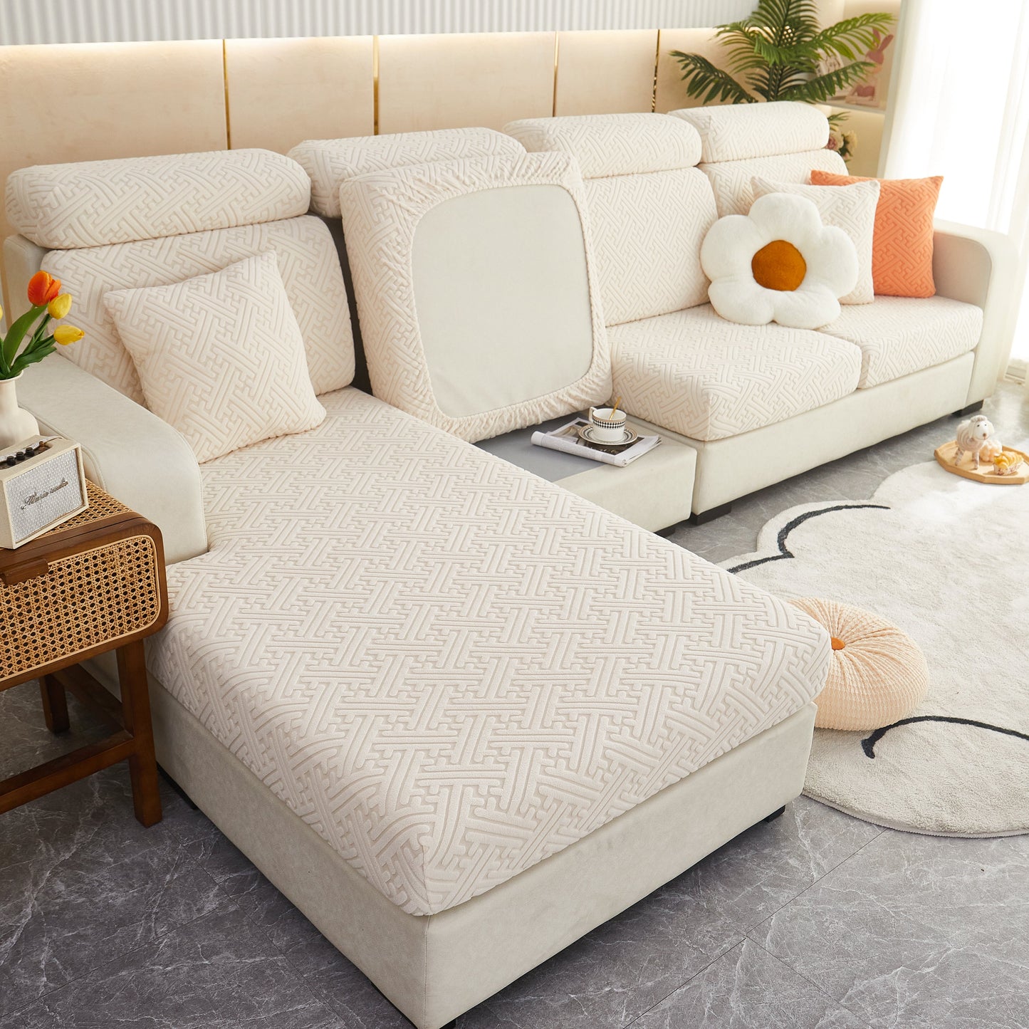 Polar Fleece Couch Cushion Covers, Stretch Sofa Seat Cushion Covers, Elastic Furniture Protector for Pets, Kid on a stylish sofa