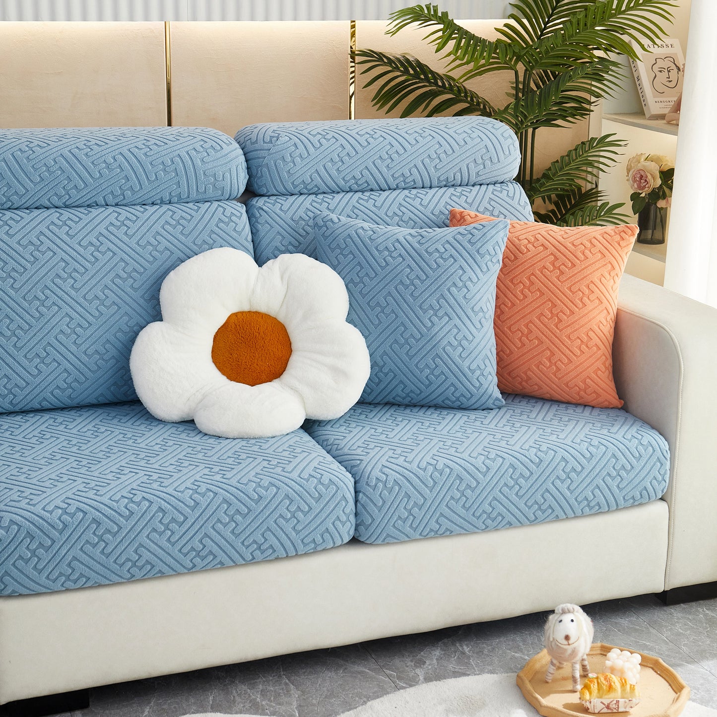 Polar Fleece Couch Cushion Covers, Stretch Sofa Seat Cushion Covers in blue, Elastic Furniture Protector for Pets, Kid on a sofa