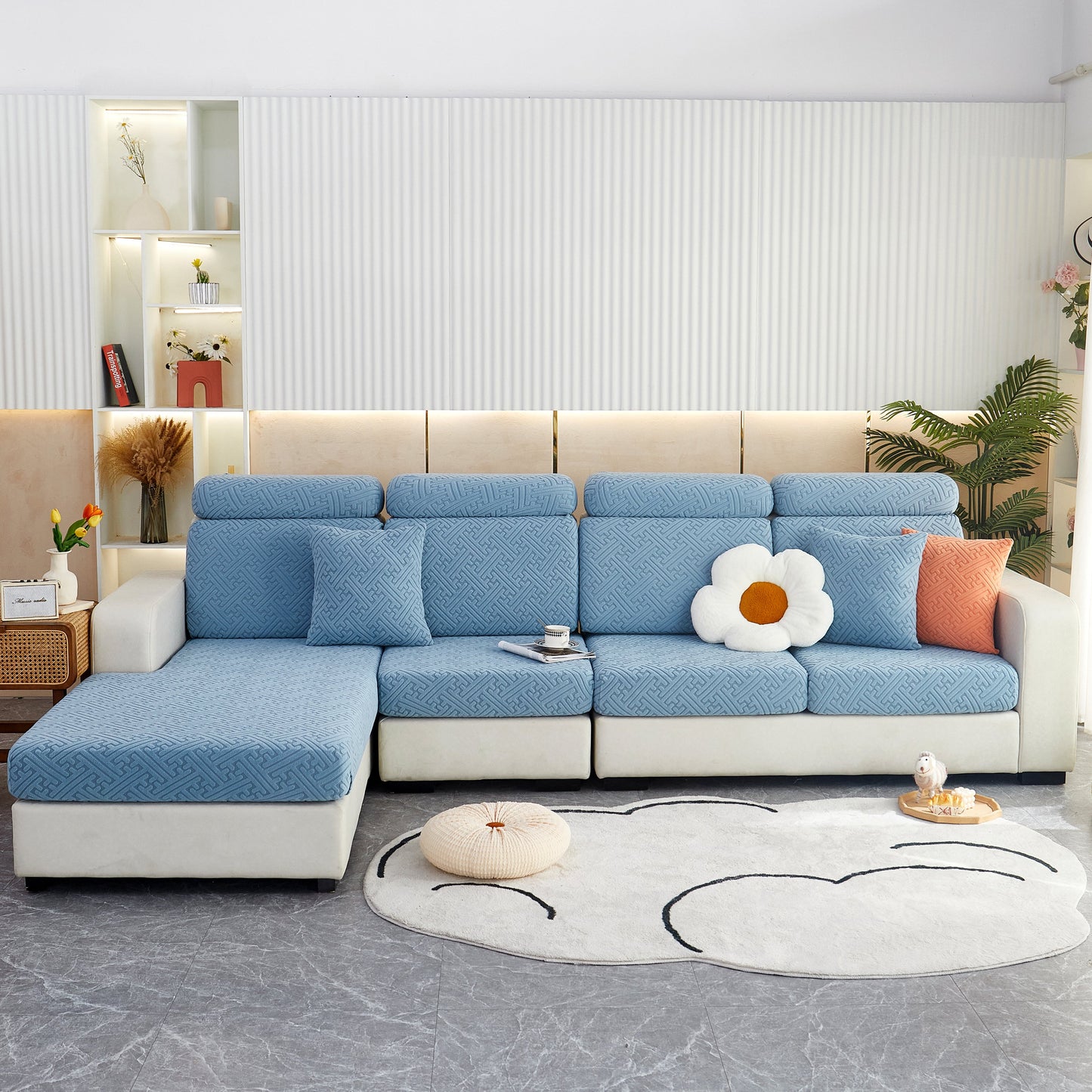 Blue Polar Fleece Couch Cushion Covers, Stretch Sofa Seat Cushion Covers, Elastic Furniture Protector for Pets, Kid on modern sofa.