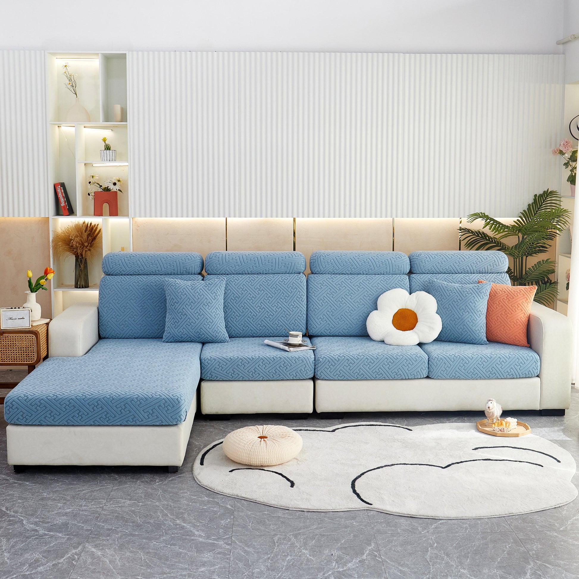 Blue Polar Fleece Couch Cushion Covers, Stretch Sofa Seat Cushion Covers, Elastic Furniture Protector for Pets, Kid on modern sofa.