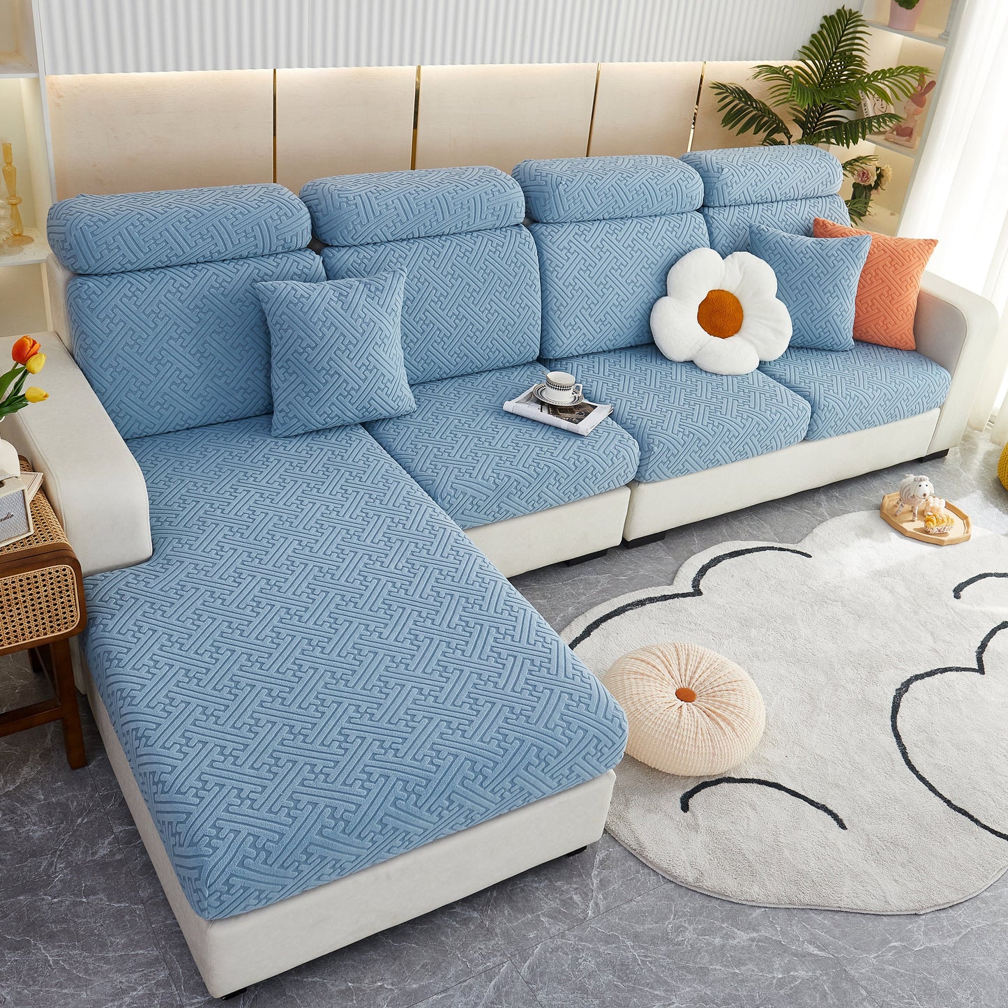 Polar Fleece Couch Cushion Covers, Stretch Sofa Seat Cushion Covers, Elastic Furniture Protector for Pets, Kid on modern sofa