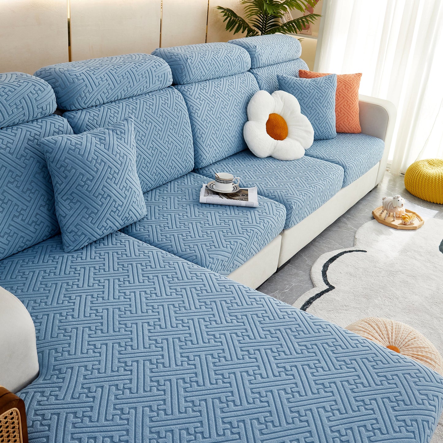 Polar Fleece Couch Cushion Covers, Stretch Sofa Seat Cushion Covers, Elastic Furniture Protector for Pets, Kid on blue sofa