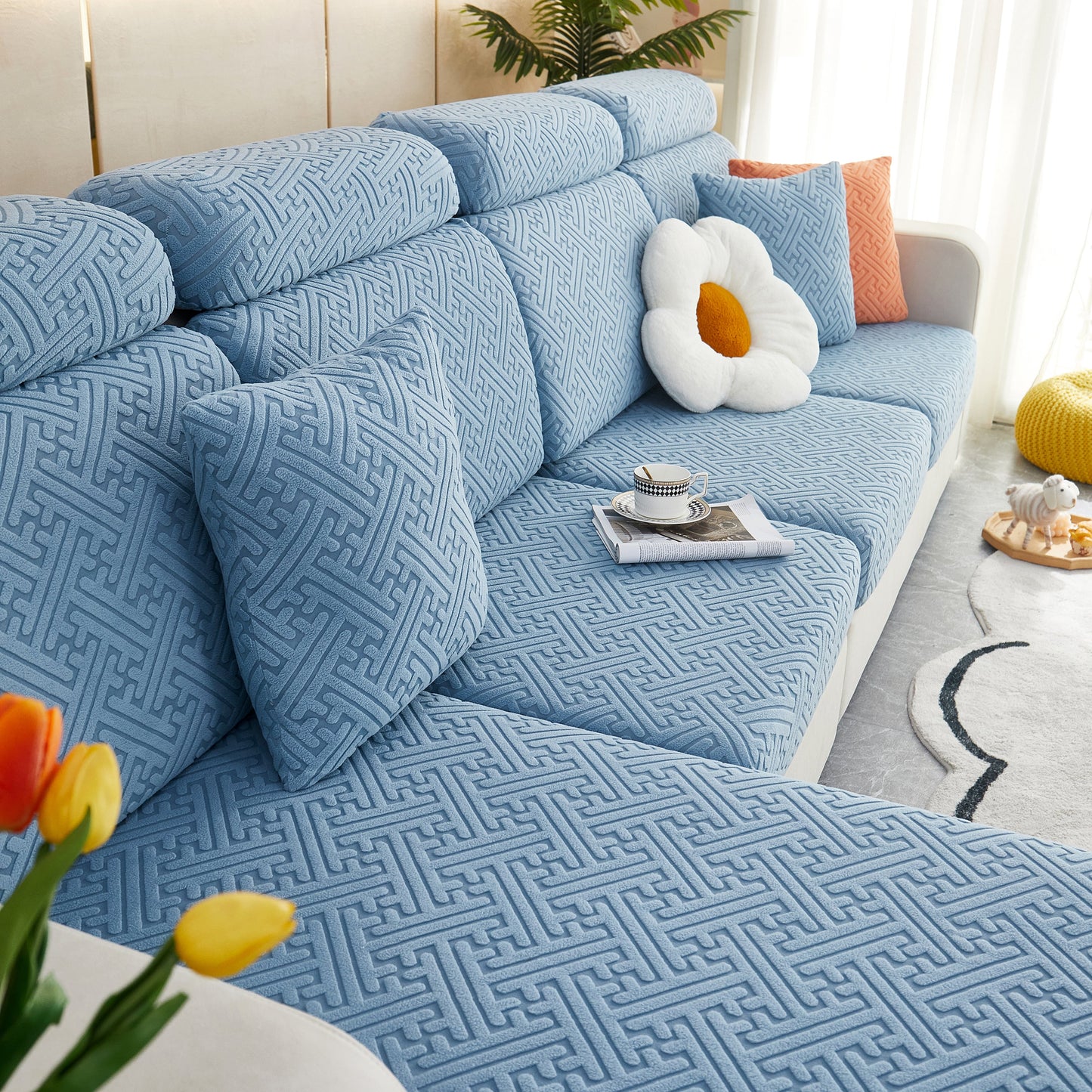 Polar Fleece Couch Cushion Covers, Stretch Sofa Seat Cushion Covers, Elastic Furniture Protector for Pets, Kid shown on a blue sofa