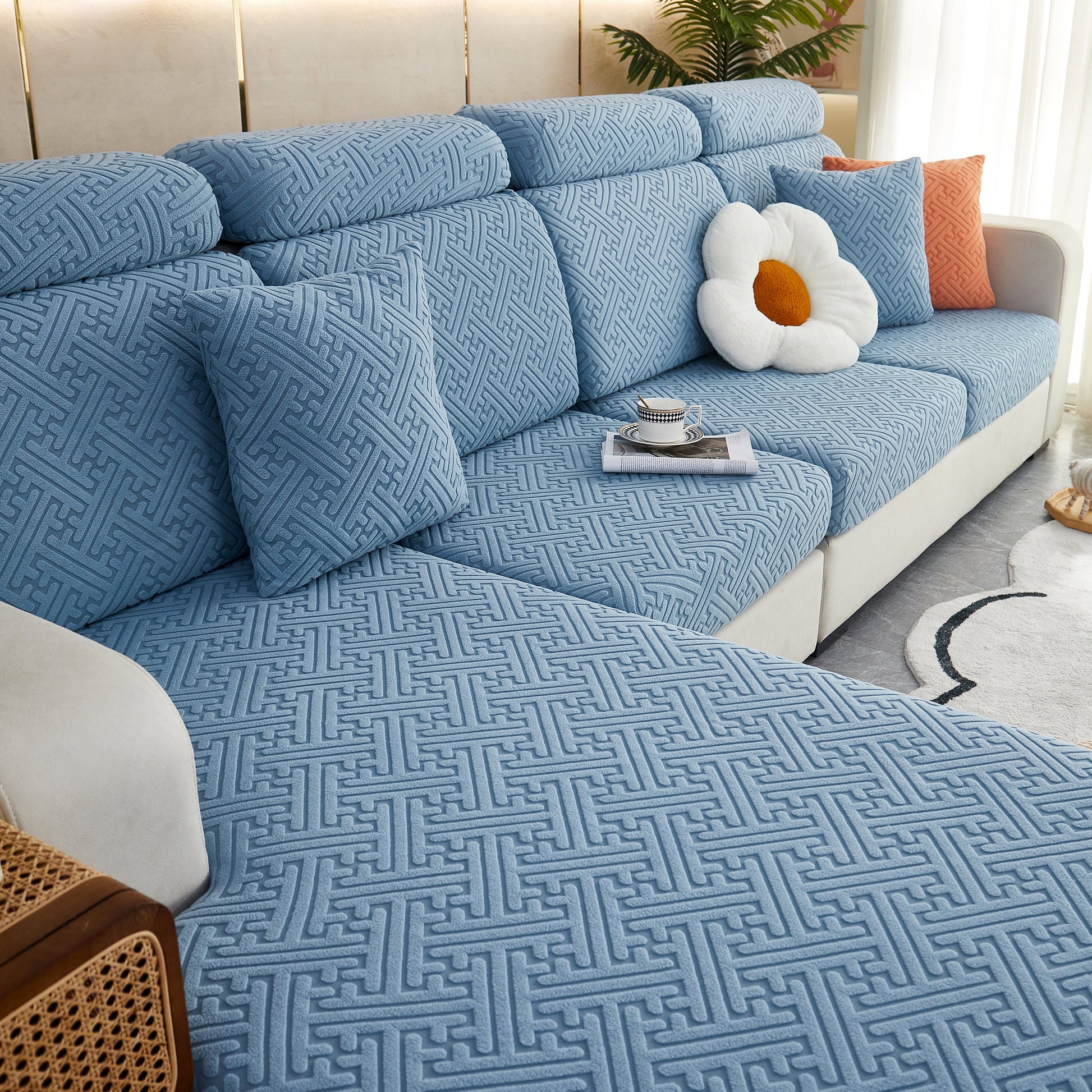 Polar Fleece Couch Cushion Covers, Stretch Sofa Seat Cushion Covers, Elastic Furniture Protector for Pets, Kid in blue pattern