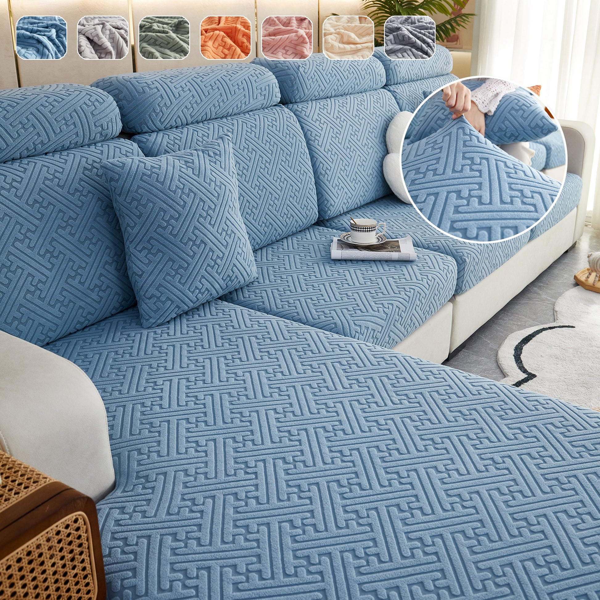 Polar Fleece Couch Cushion Covers, Stretch Sofa Seat Cushion Covers, Elastic Furniture Protector for Pets, Kid in blue design