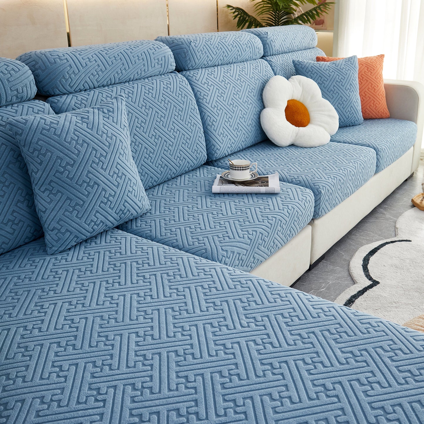 Polar Fleece Couch Cushion Covers, Stretch Sofa Seat Cushion Covers, Elastic Furniture Protector for Pets, Kid on blue sectional sofa
