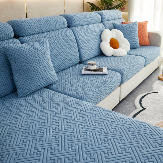 Polar Fleece Couch Cushion Covers, Stretch Sofa Seat Cushion Covers, Elastic Furniture Protector for Pets, Kid on blue sectional sofa