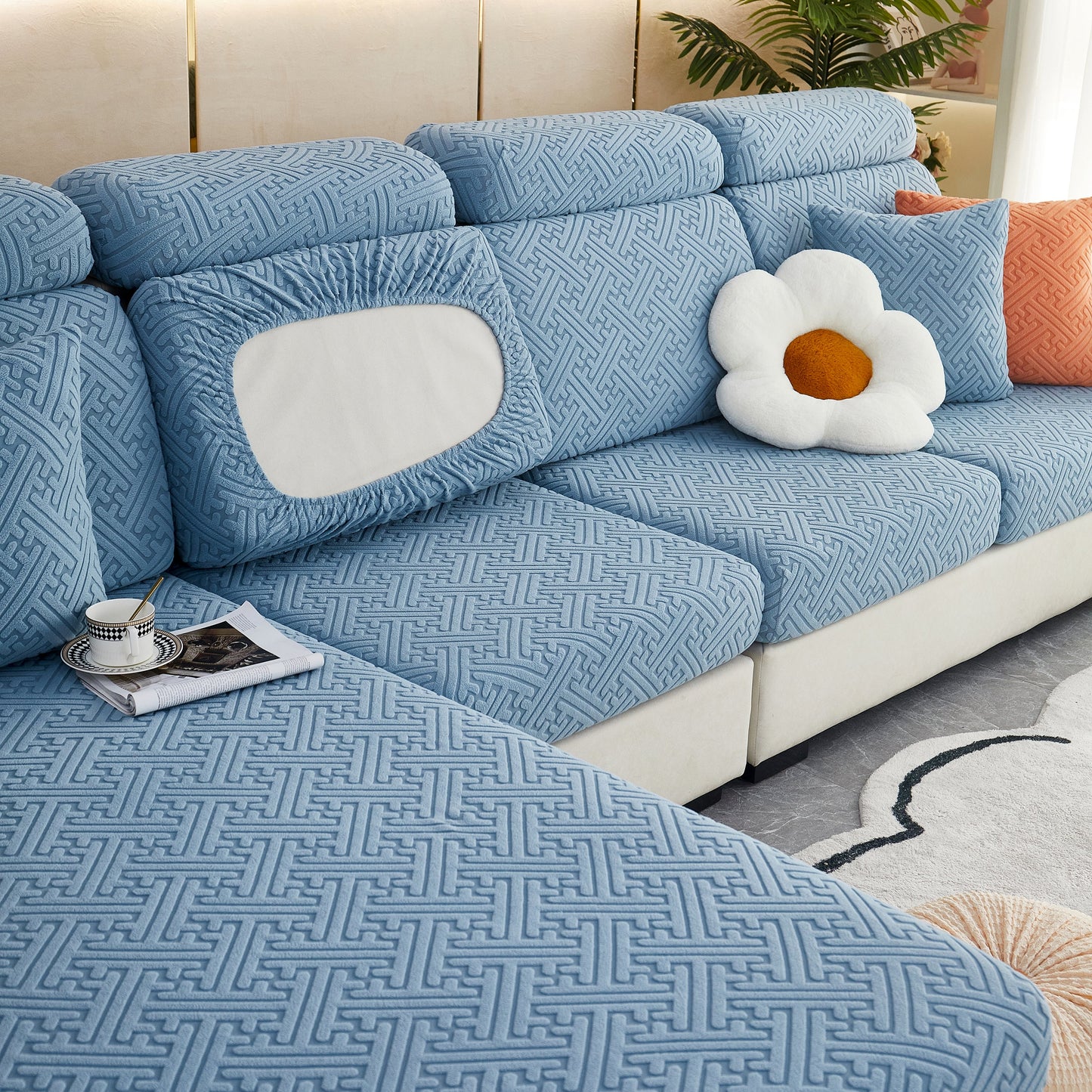 Polar Fleece Couch Cushion Covers, Stretch Sofa Seat Cushion Covers, Elastic Furniture Protector for Pets, Kid on a cozy blue sofa