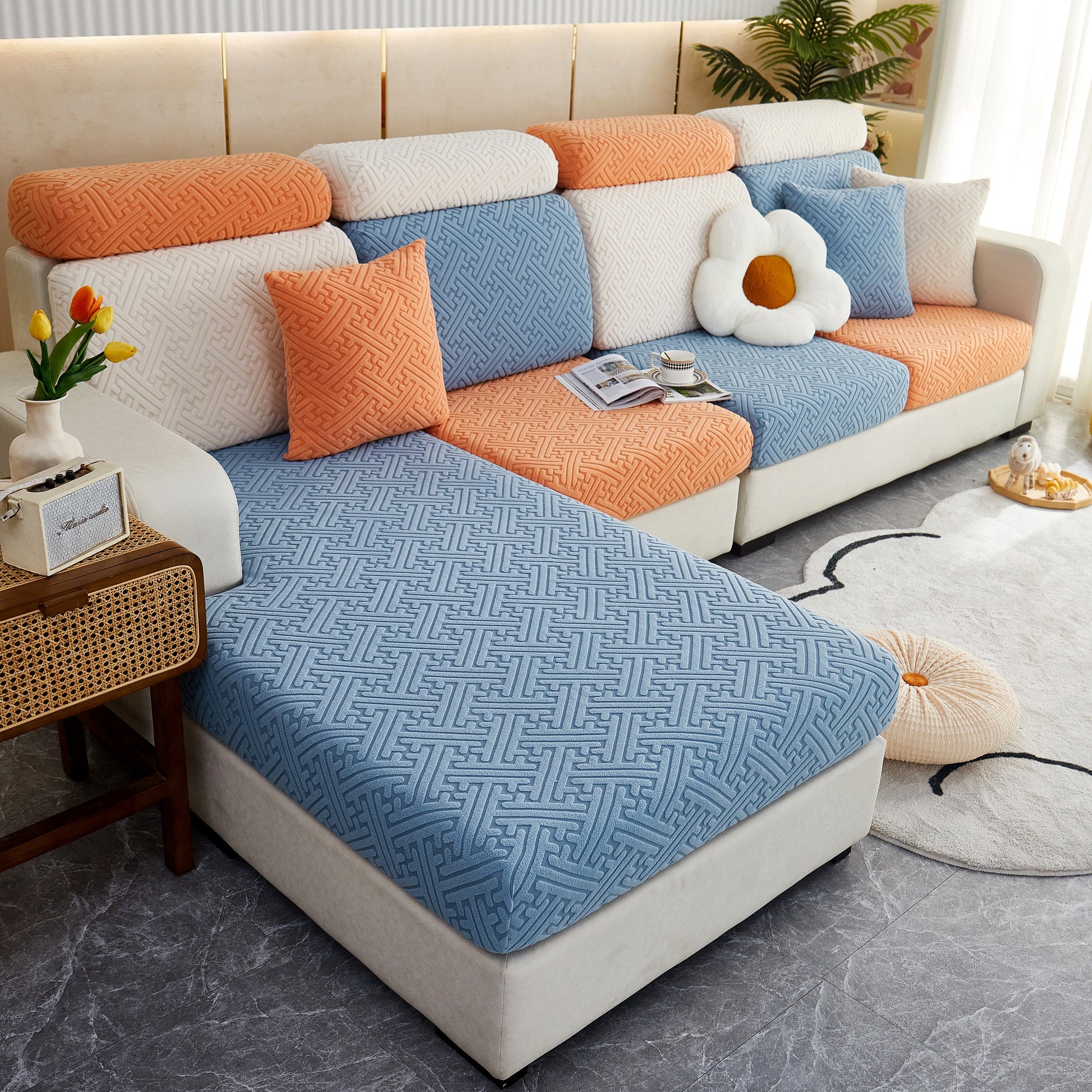 Polar Fleece Couch Cushion Covers, Stretch Sofa Seat Cushion Covers, Elastic Furniture Protector for Pets, Kid on modern sofa