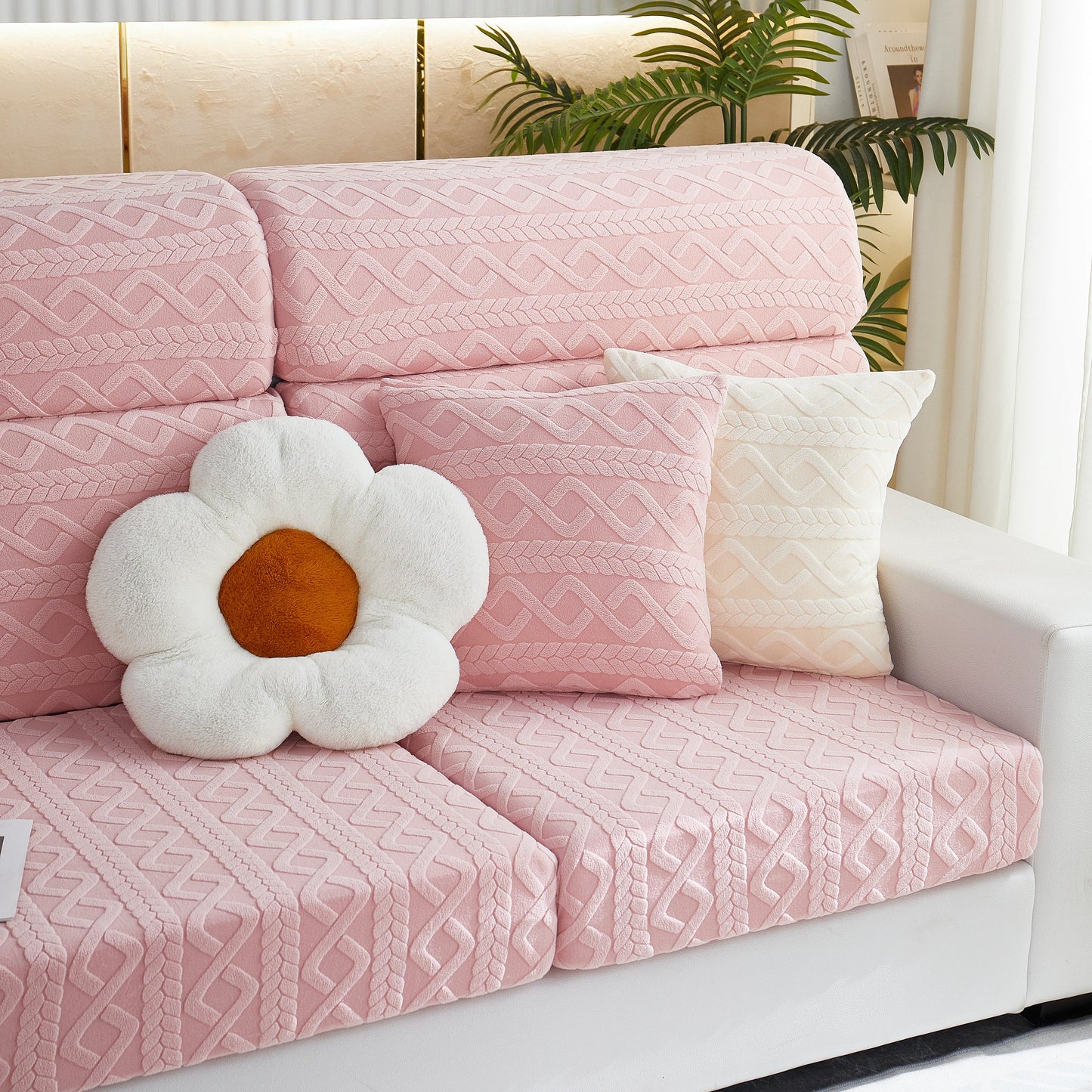 Stretch Couch Seat Cushion Covers, Sofa Slipcover Sofa Cover Soft Flexibility with Elastic Bottom in pink with decorative pillows