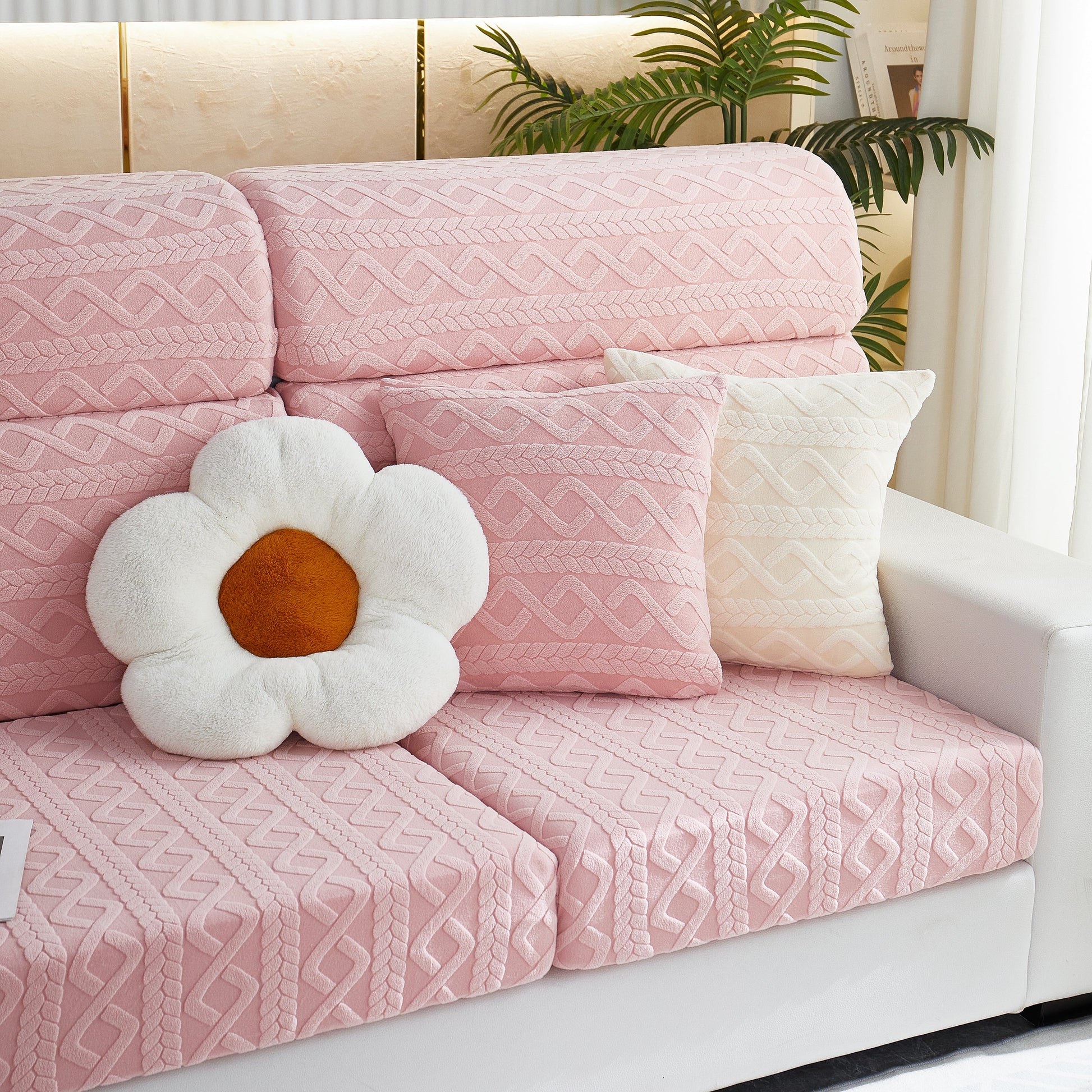Stretch Couch Seat Cushion Covers, Sofa Slipcover Sofa Cover Soft Flexibility with Elastic Bottom in pink with decorative pillows