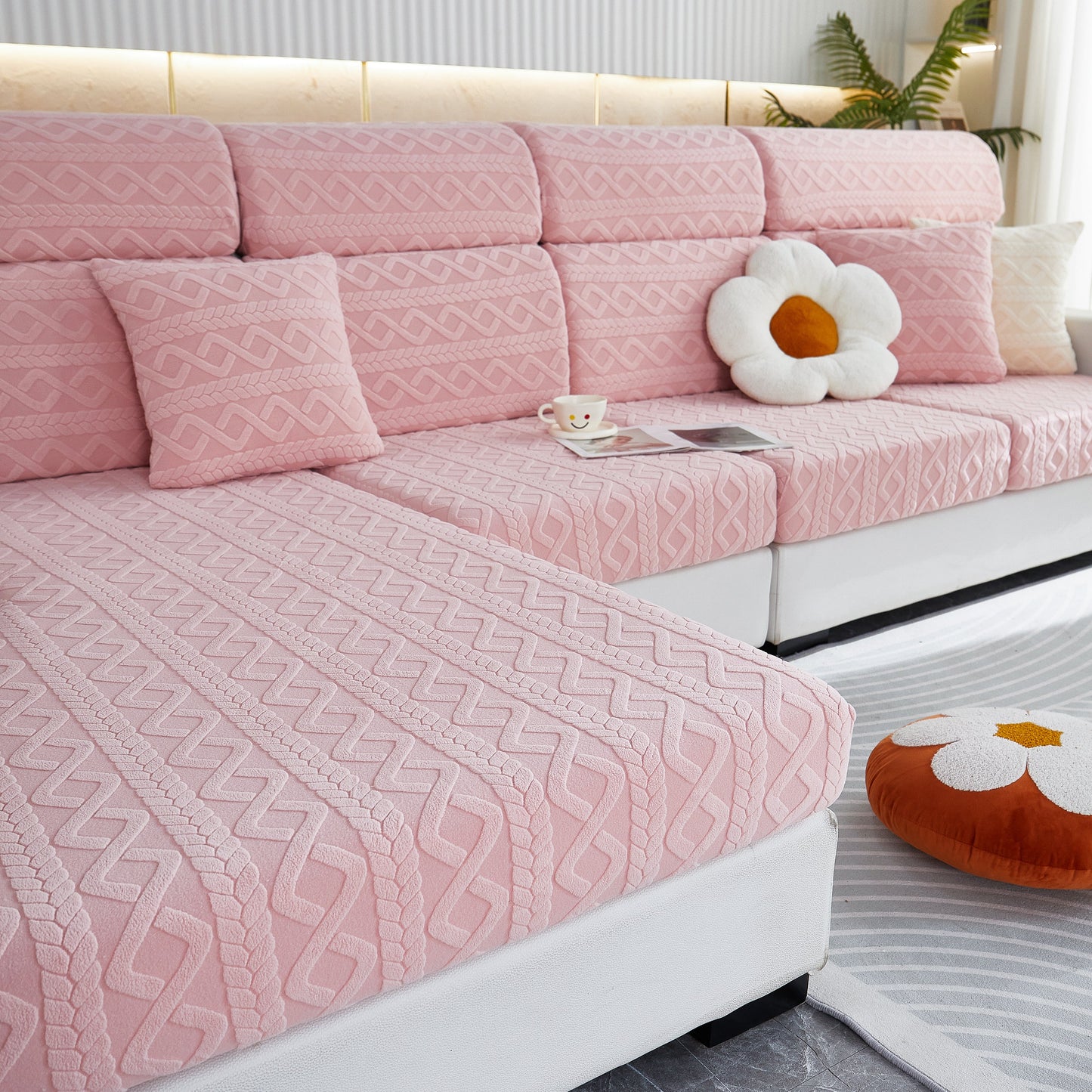 Pink Stretch Couch Seat Cushion Covers, Sofa Slipcover Sofa Cover Soft Flexibility with Elastic Bottom on modern sectional