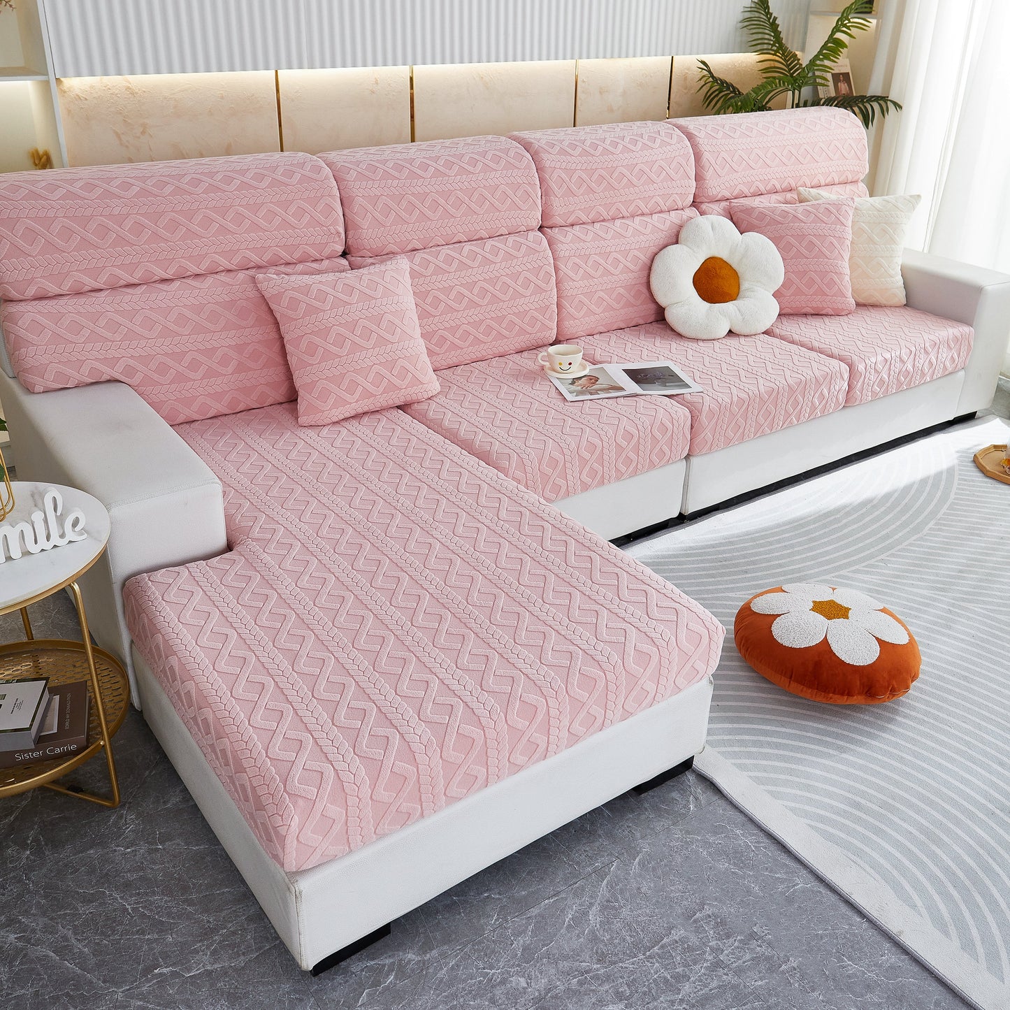 Stretch Couch Seat Cushion Covers, Sofa Slipcover Sofa Cover Soft Flexibility with Elastic Bottom in pink pattern on sofa