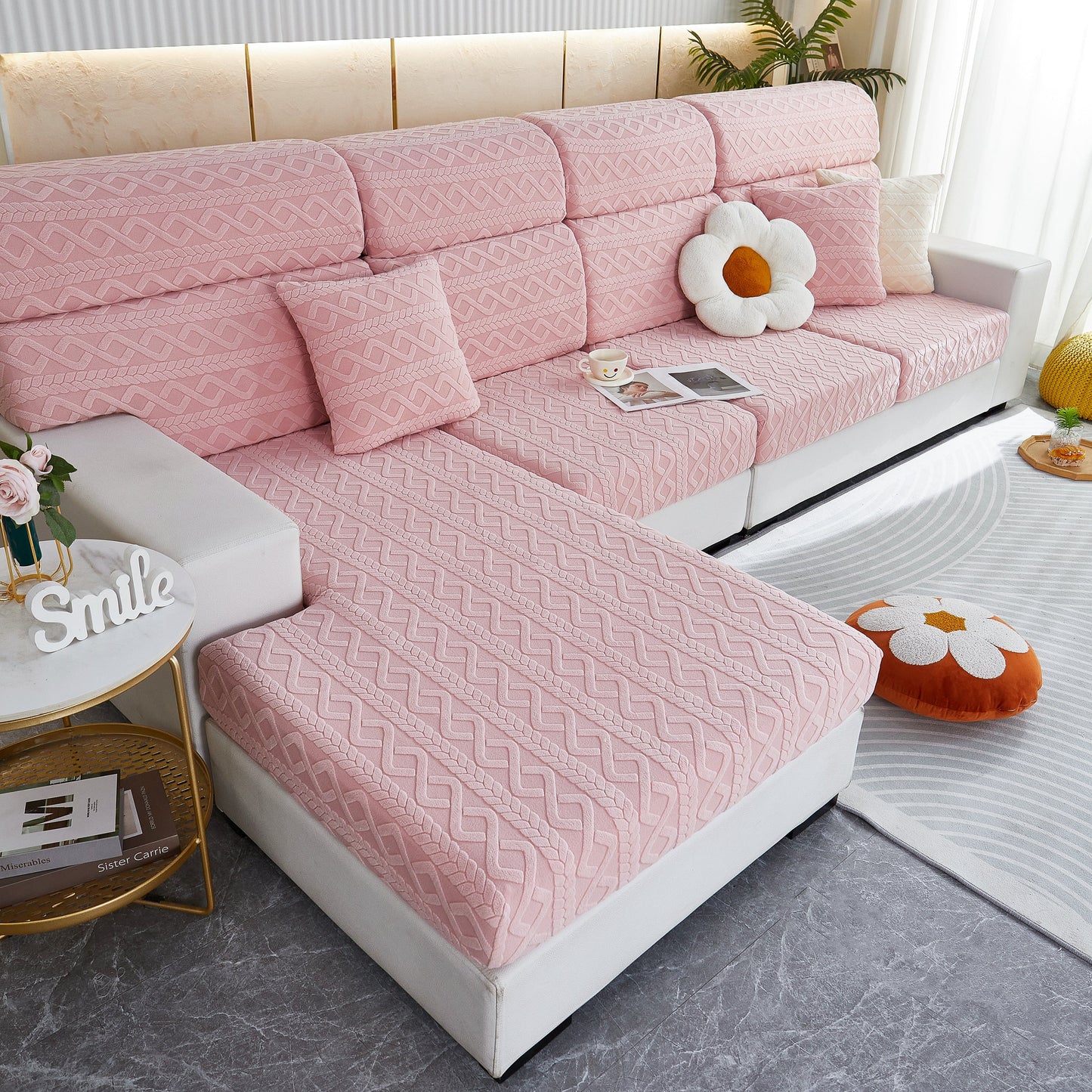 Stretch Couch Seat Cushion Covers, Sofa Slipcover Sofa Cover Soft Flexibility with Elastic Bottom on pink sectional sofa