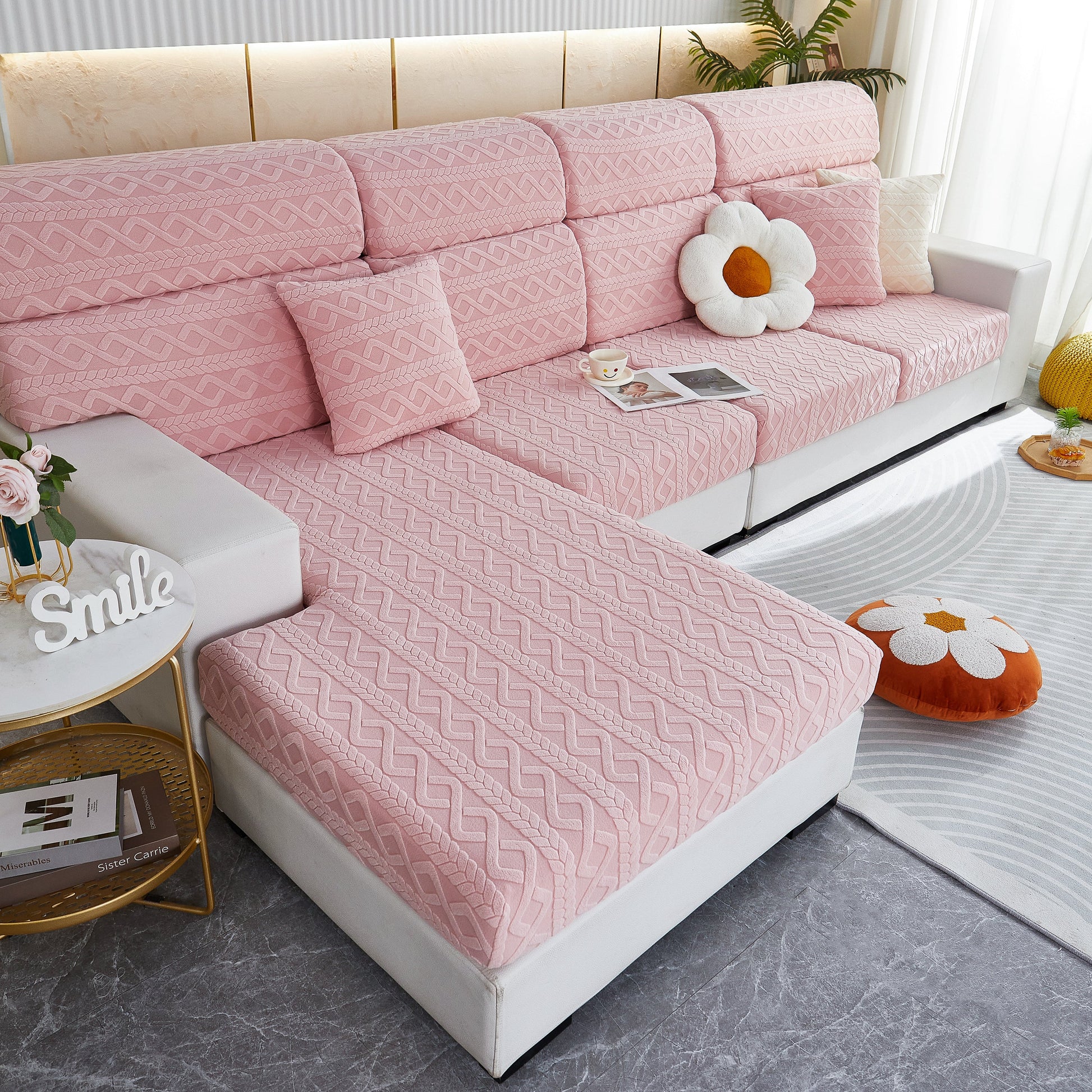 Stretch Couch Seat Cushion Covers, Sofa Slipcover Sofa Cover Soft Flexibility with Elastic Bottom on pink sectional sofa