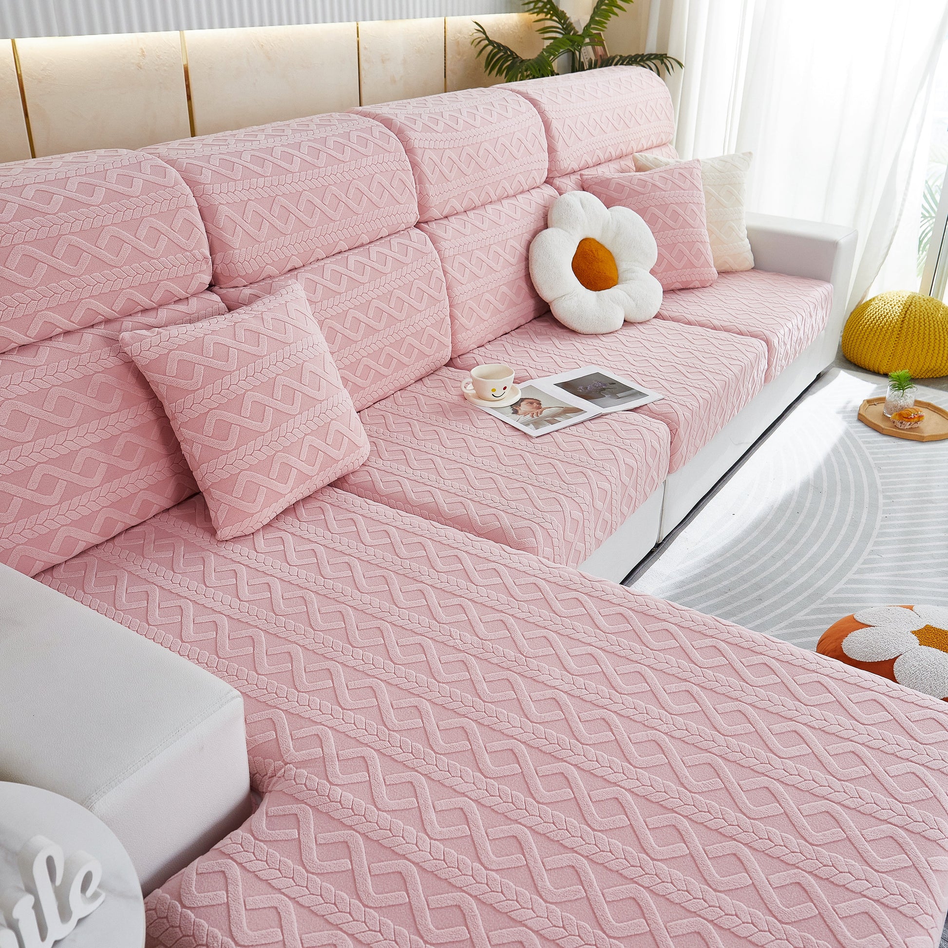 Pink Stretch Couch Seat Cushion Covers, Sofa Slipcover Sofa Cover Soft Flexibility with Elastic Bottom on L-shaped sofa