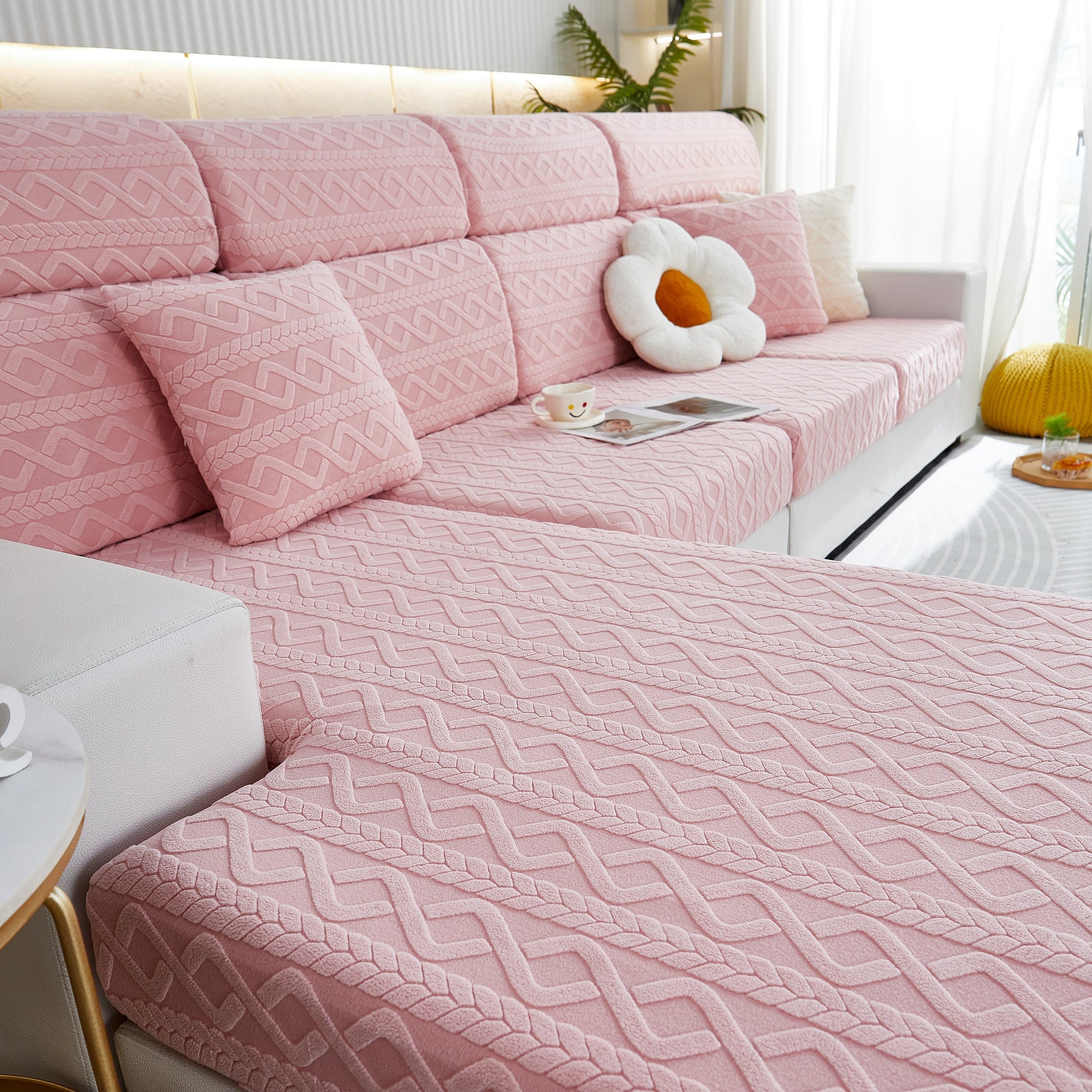 Stretch Couch Seat Cushion Covers, Sofa Slipcover Sofa Cover Soft Flexibility with Elastic Bottom in pink on a sofa