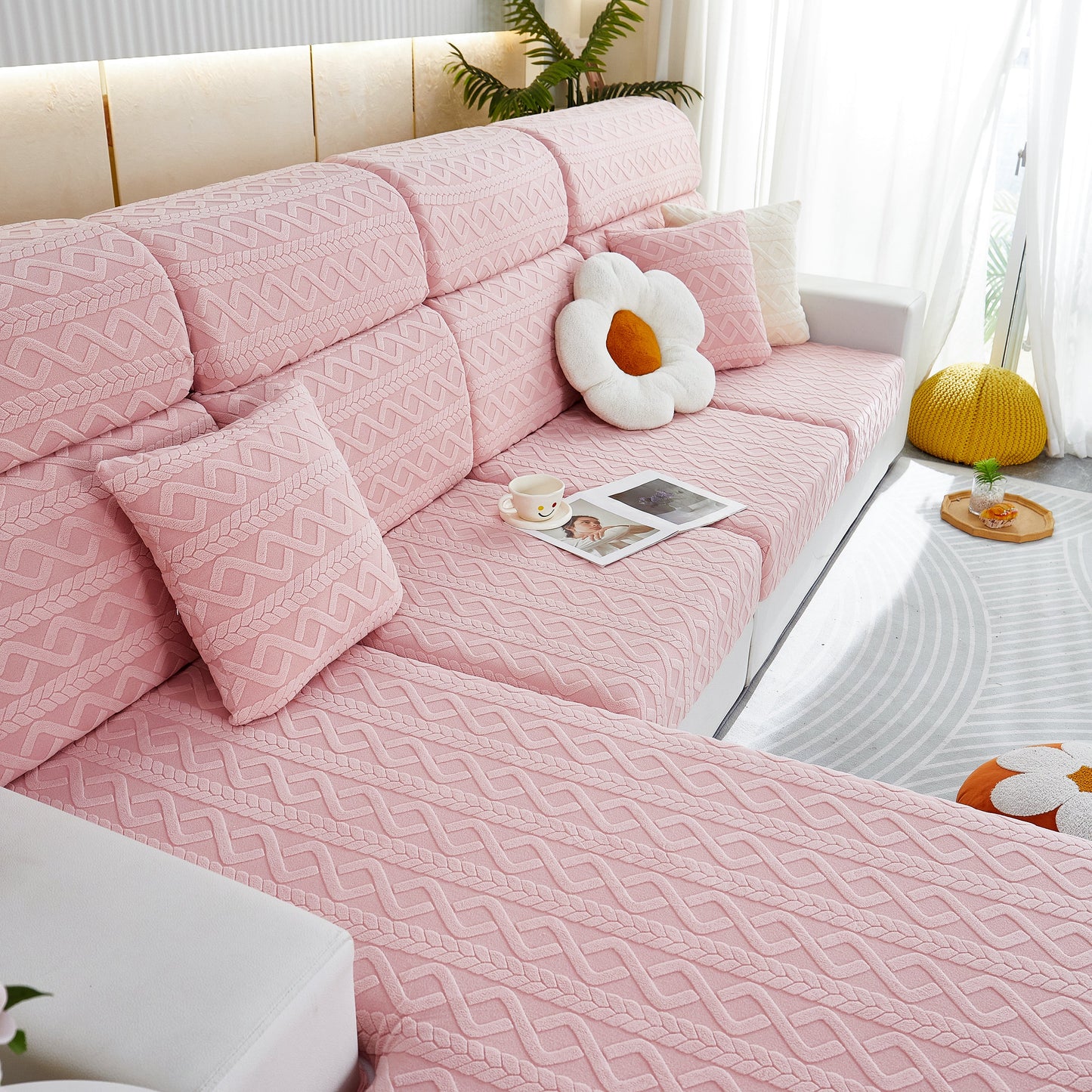 Stretch Couch Seat Cushion Covers, Sofa Slipcover Sofa Cover Soft Flexibility with Elastic Bottom in pink pattern on sofa.