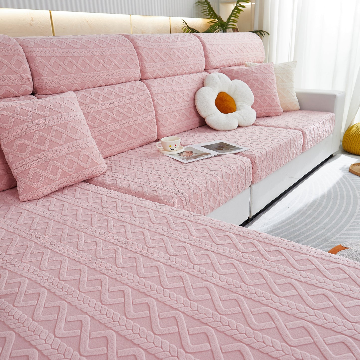 Stretch Couch Seat Cushion Covers, Sofa Slipcover Sofa Cover Soft Flexibility with Elastic Bottom on a pink patterned sofa