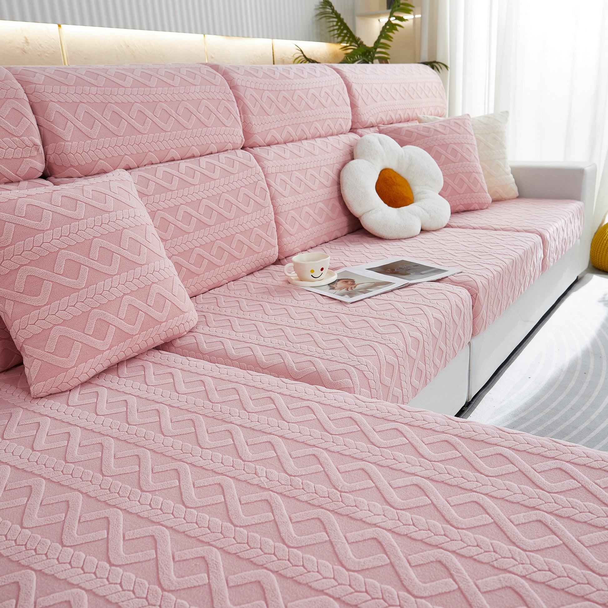 Stretch Couch Seat Cushion Covers, Sofa Slipcover Sofa Cover Soft Flexibility with Elastic Bottom in pink pattern.