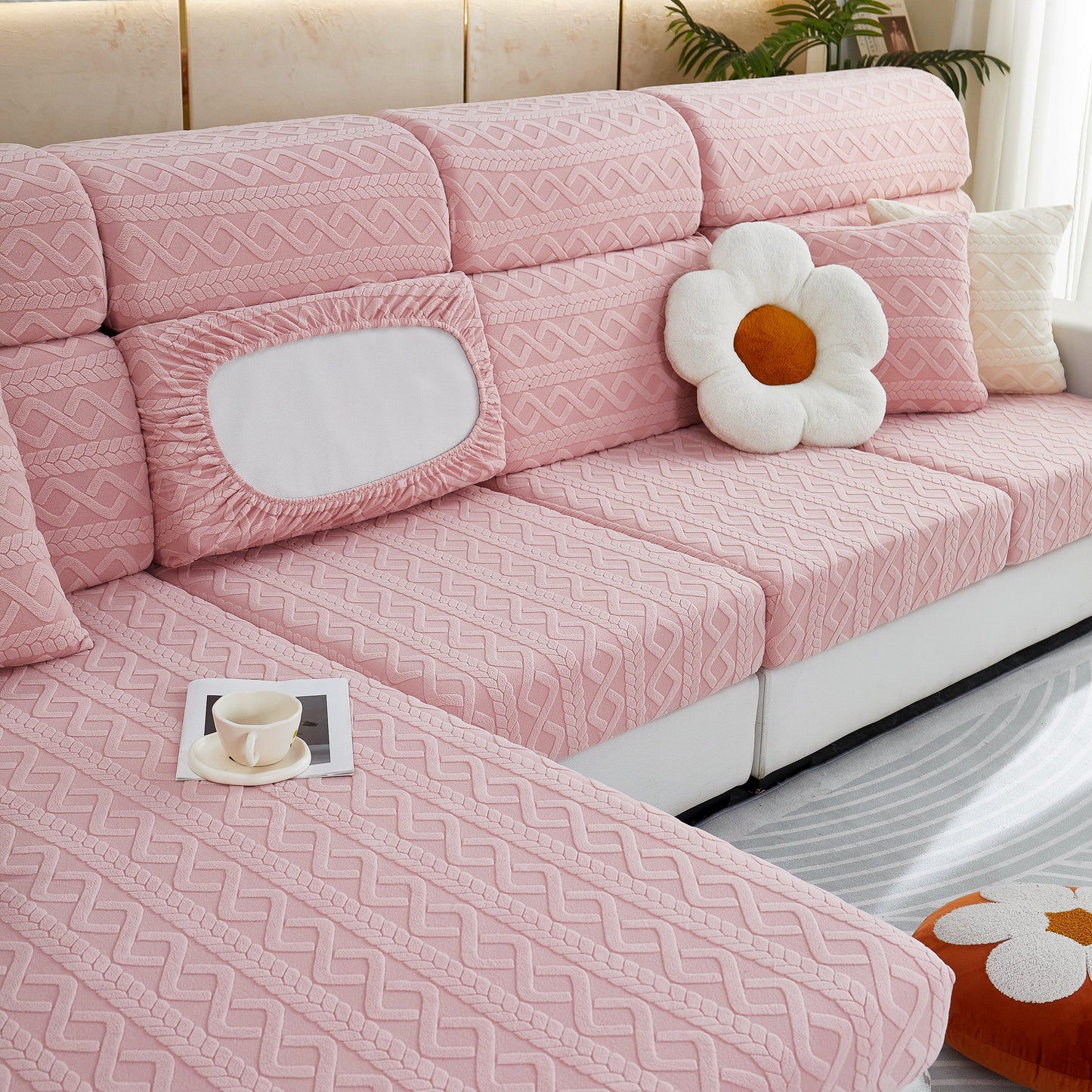 Stretch Couch Seat Cushion Covers, Sofa Slipcover Sofa Cover Soft Flexibility with Elastic Bottom in pink pattern