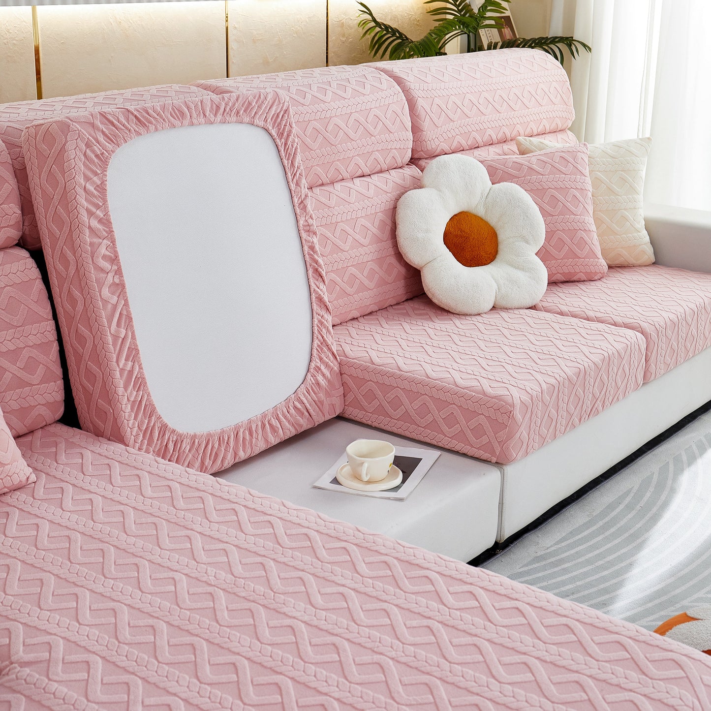 Stretch Couch Seat Cushion Covers, Sofa Slipcover Sofa Cover Soft Flexibility with Elastic Bottom in pink on a modern sofa