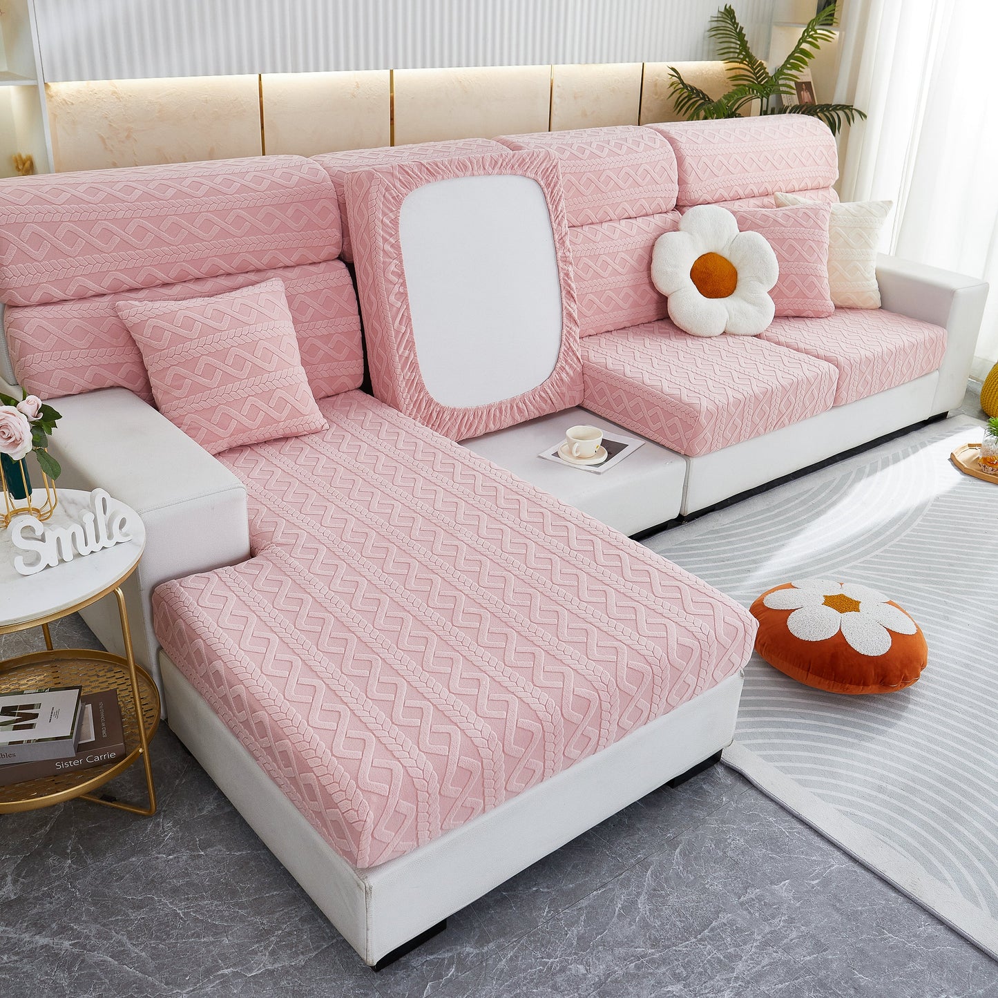 Pink Stretch Couch Seat Cushion Covers, Sofa Slipcover Sofa Cover Soft Flexibility with Elastic Bottom in living room setting.