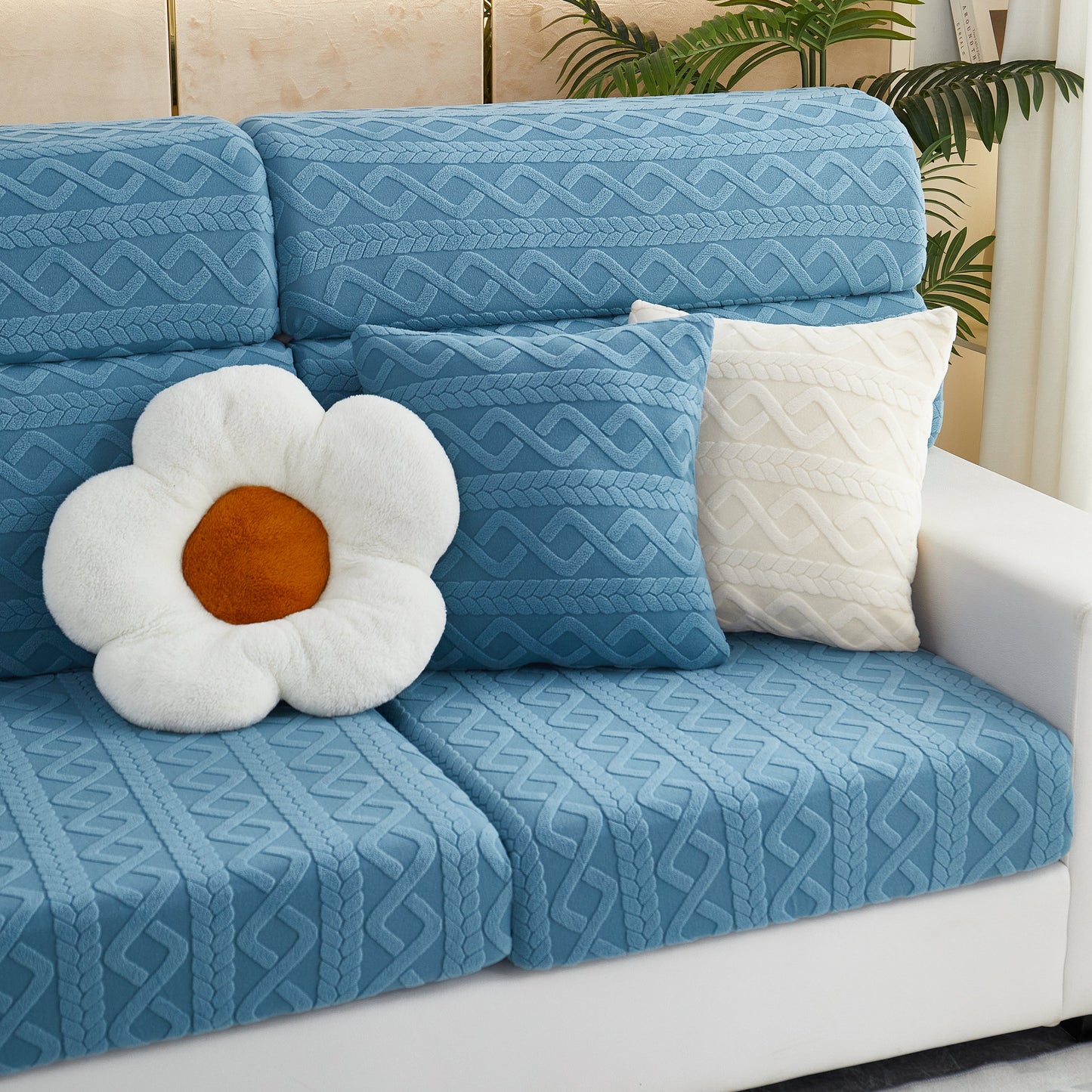 Stretch Couch Seat Cushion Covers, Sofa Slipcover Sofa Cover Soft Flexibility with Elastic Bottom on blue sofa with pillows