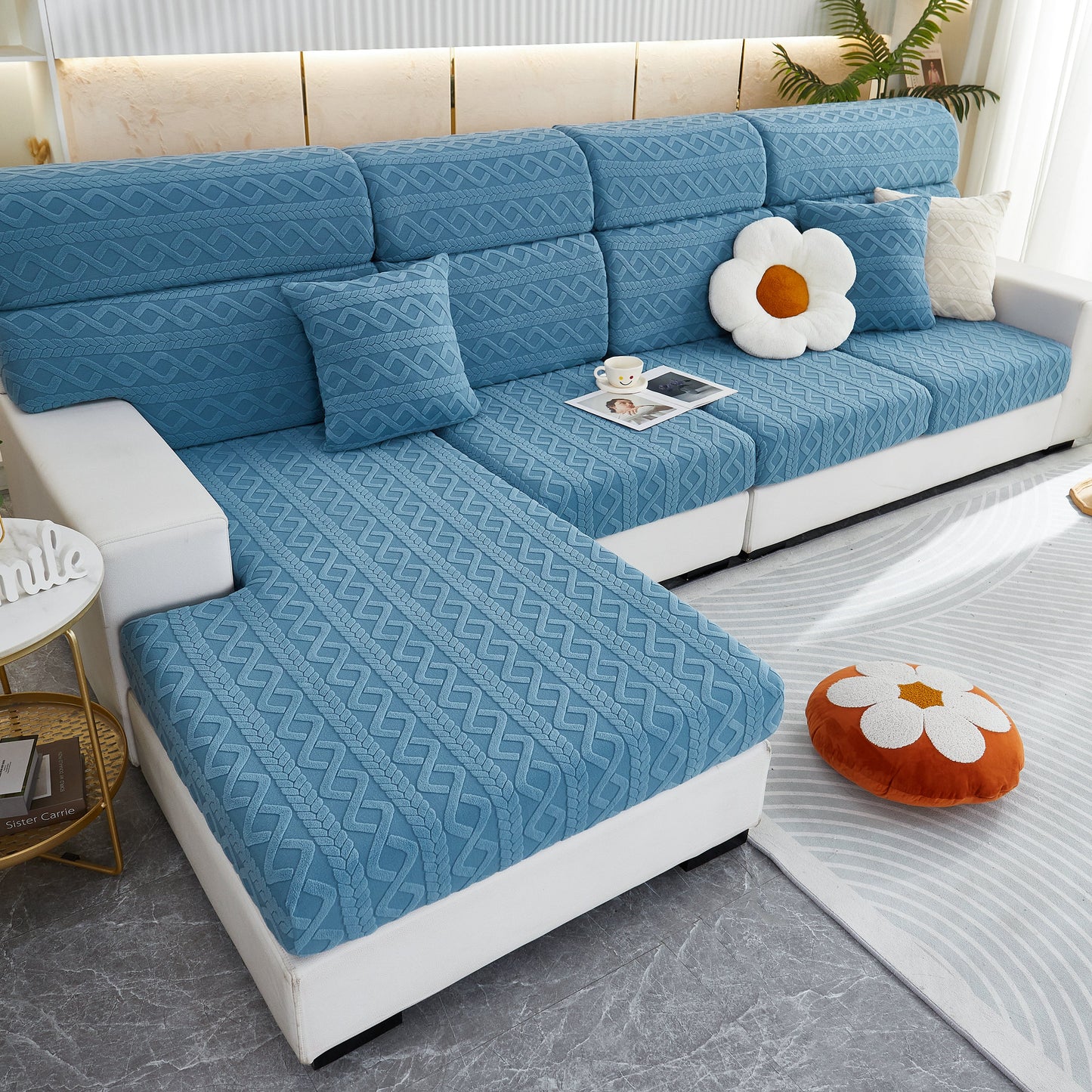 Blue Stretch Couch Seat Cushion Covers, Sofa Slipcover Sofa Cover Soft Flexibility with Elastic Bottom on modern sectional.