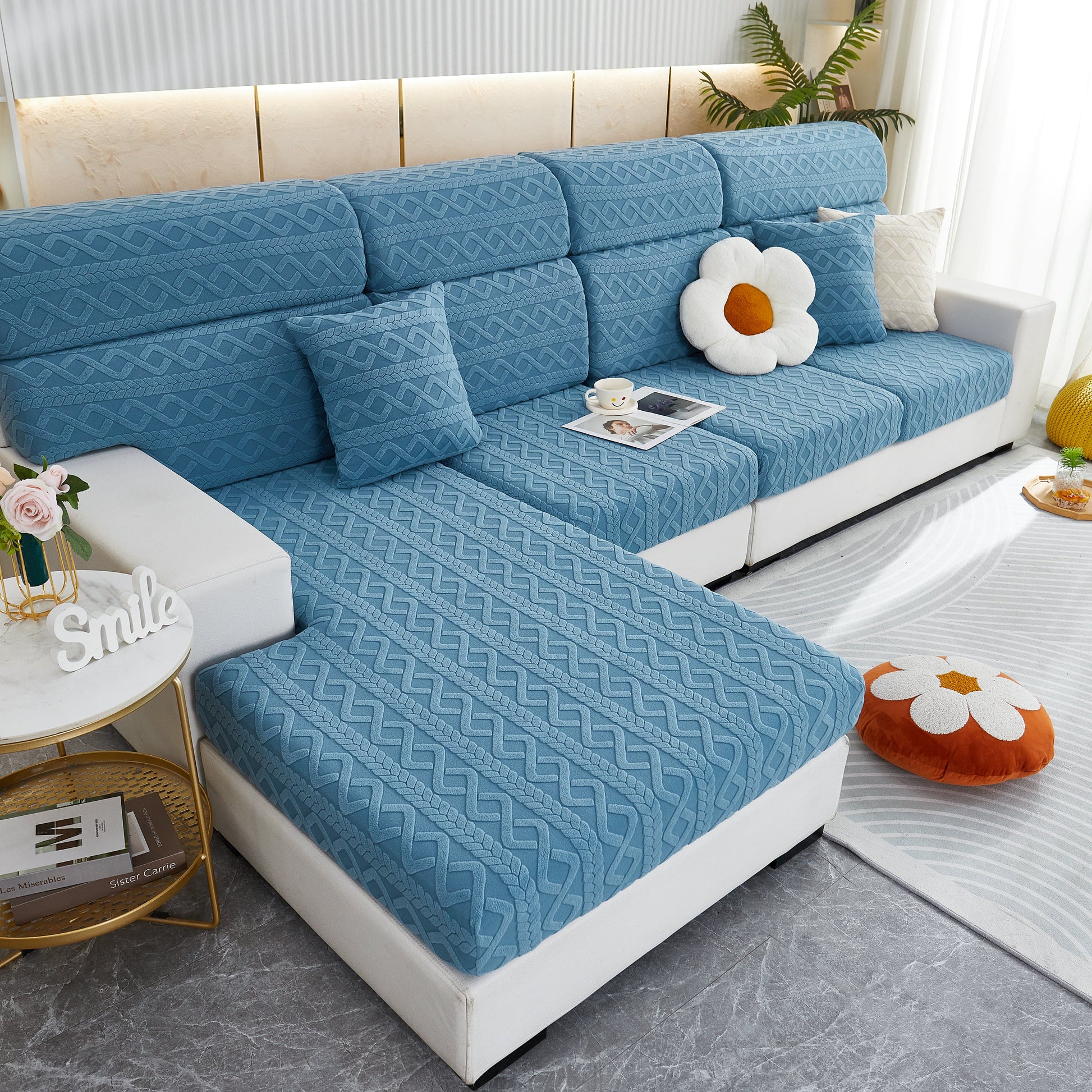 Modern living room with Stretch Couch Seat Cushion Covers, Sofa Slipcover Sofa Cover Soft Flexibility with Elastic Bottom in blue.