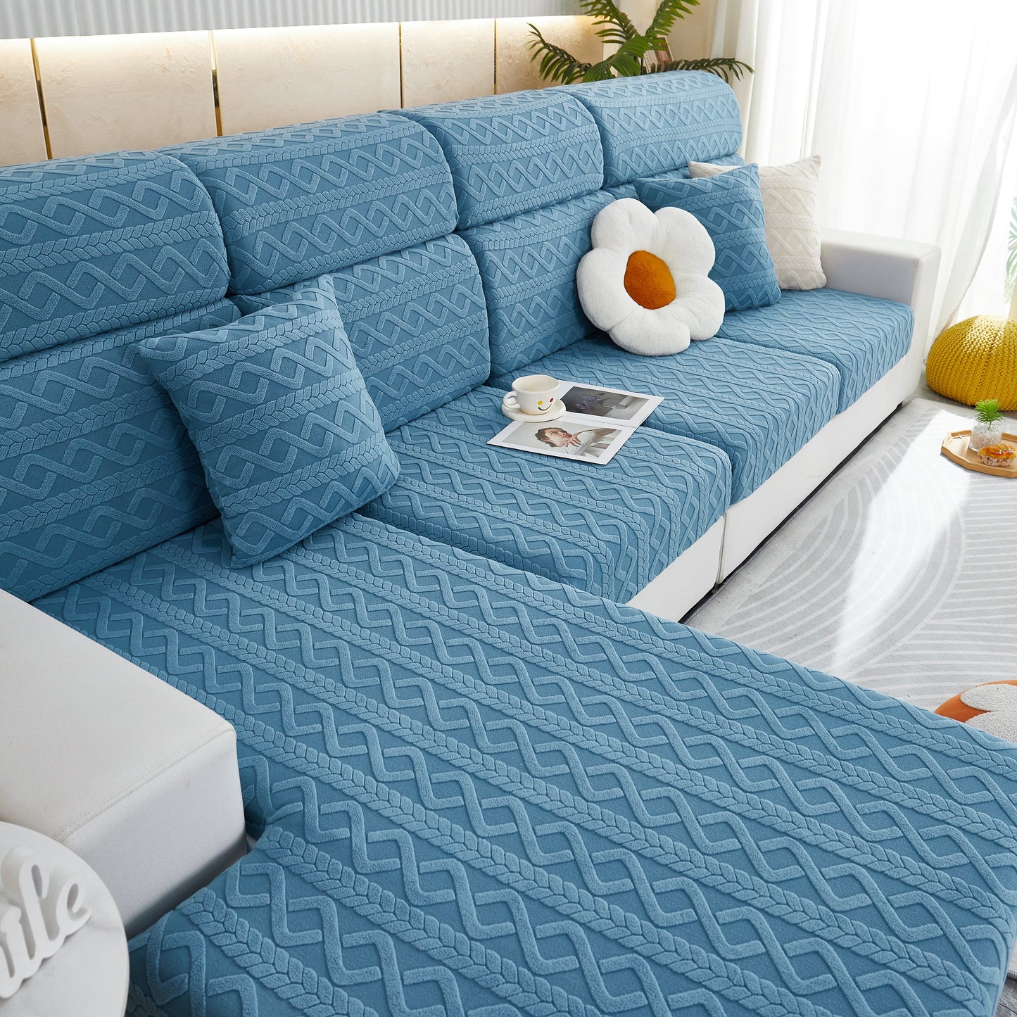 Stretch Couch Seat Cushion Covers, Sofa Slipcover Sofa Cover Soft Flexibility with Elastic Bottom, blue patterned design on sofa