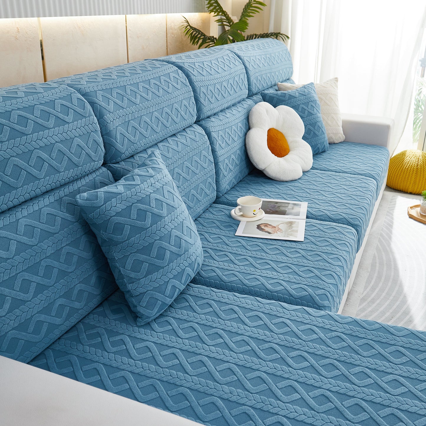 Blue sofa with Stretch Couch Seat Cushion Covers, Sofa Slipcover Sofa Cover Soft Flexibility with Elastic Bottom in a modern living room.