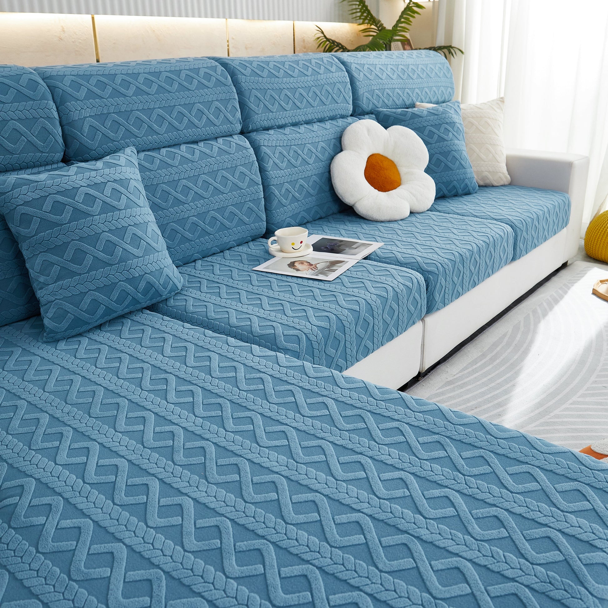 Blue Stretch Couch Seat Cushion Covers, Sofa Slipcover Sofa Cover Soft Flexibility with Elastic Bottom on a modern sofa