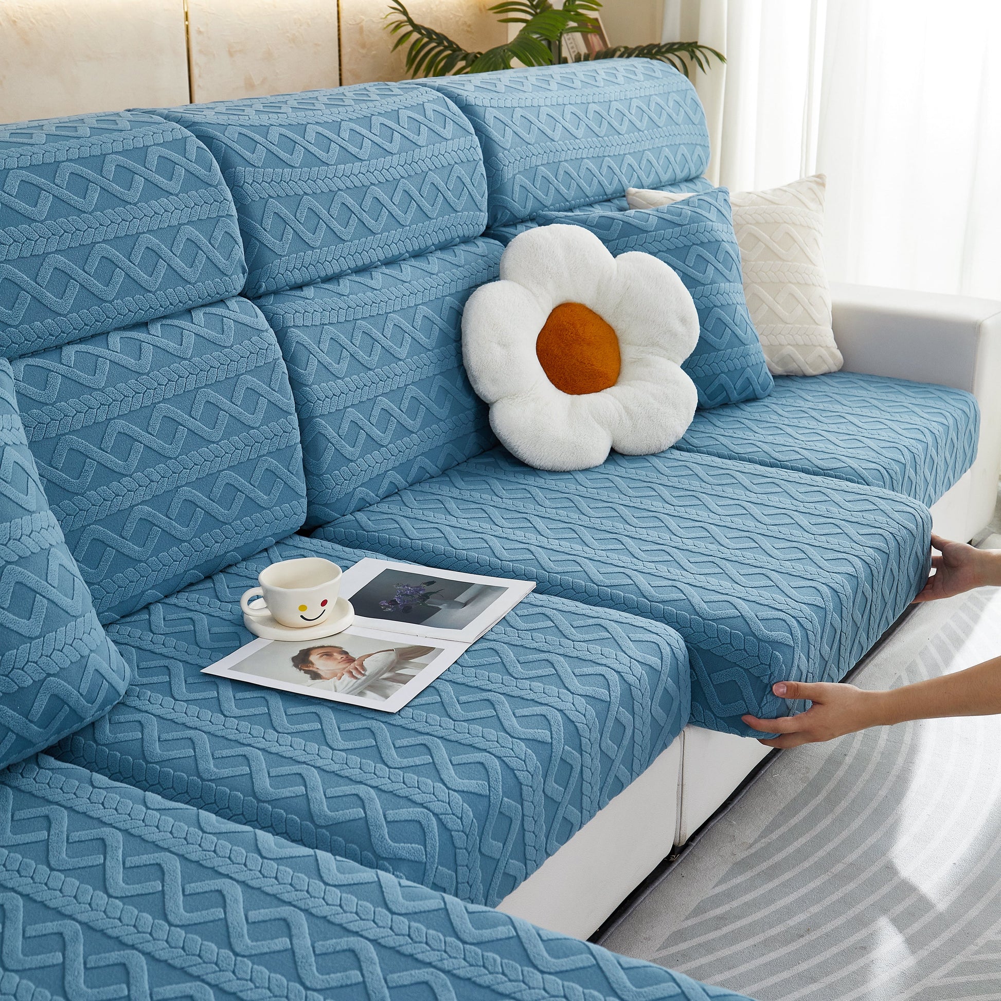 Stretch Couch Seat Cushion Covers, Sofa Slipcover Sofa Cover Soft Flexibility with Elastic Bottom in blue fabric design.