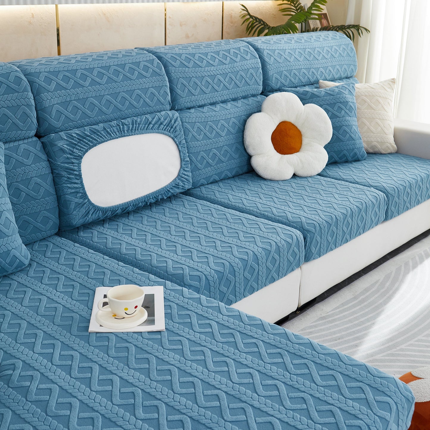 Stretch Couch Seat Cushion Covers, Sofa Slipcover Sofa Cover Soft Flexibility with Elastic Bottom in a stylish blue pattern
