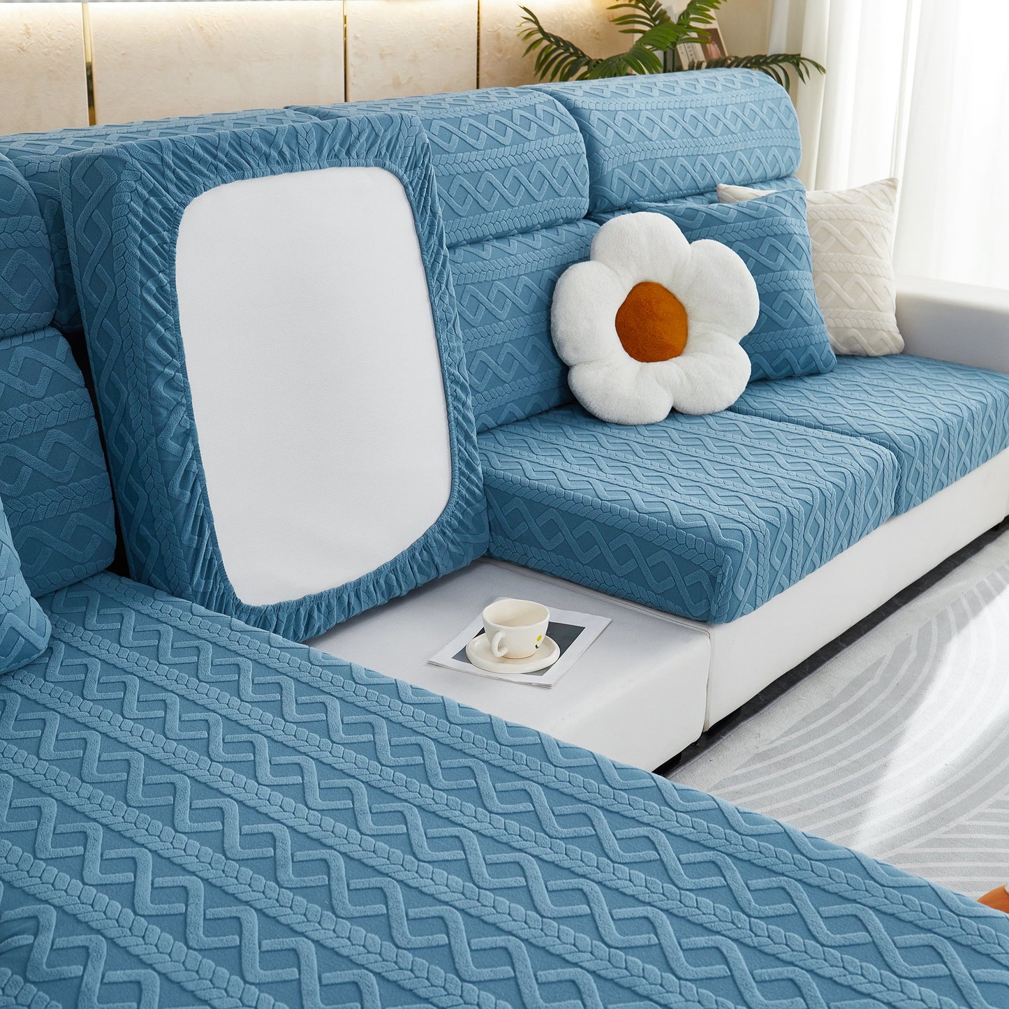 Blue sofa with Stretch Couch Seat Cushion Covers, Sofa Slipcover Sofa Cover Soft Flexibility with Elastic Bottom, showcasing texture.