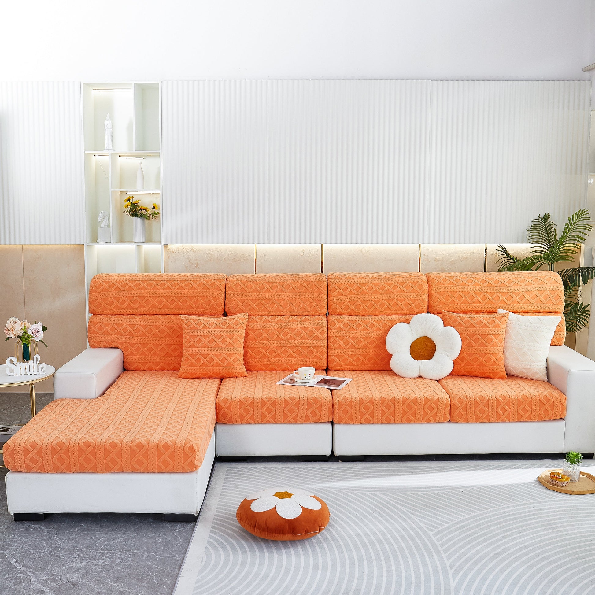 Stylish living room with orange sofa featuring Stretch Couch Seat Cushion Covers, Sofa Slipcover Sofa Cover Soft Flexibility with Elastic Bottom.