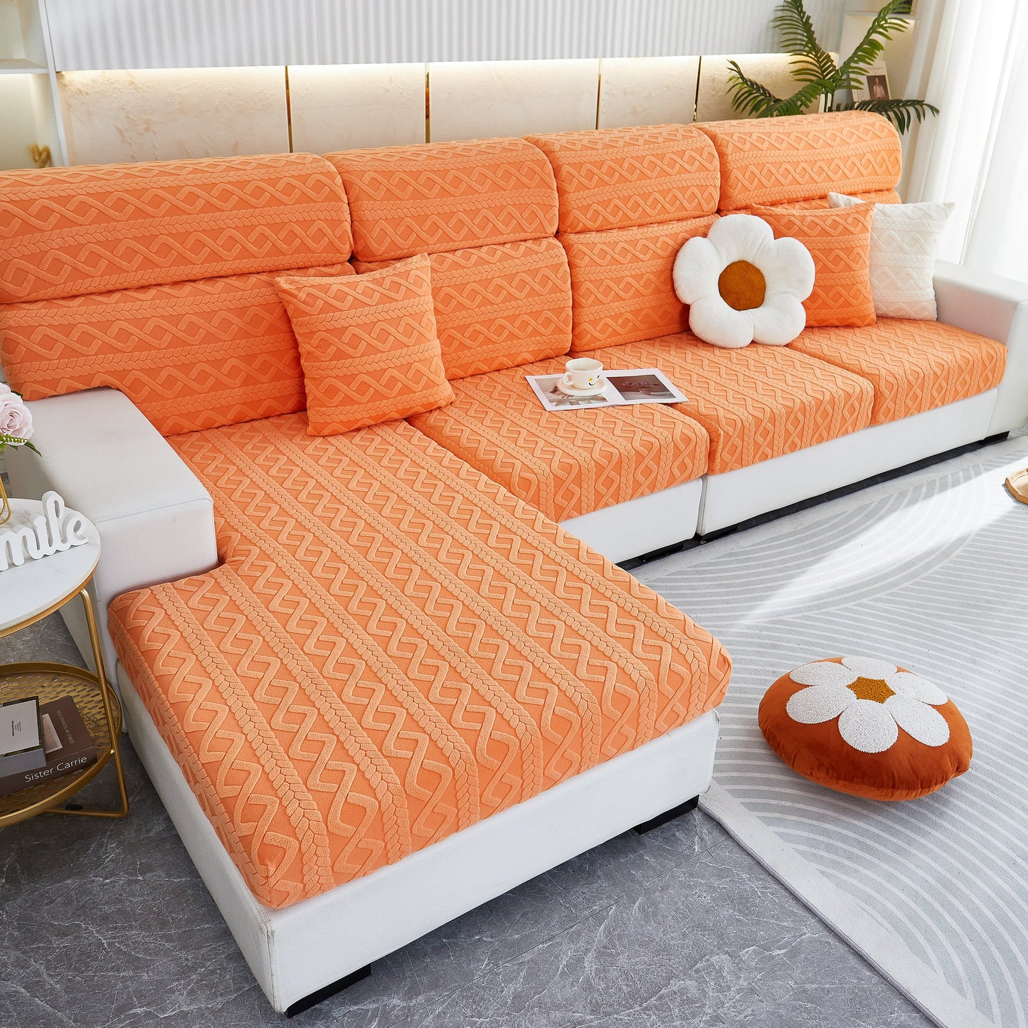 Orange couch with decorative pillows showcasing Stretch Couch Seat Cushion Covers, Sofa Slipcover Sofa Cover Soft Flexibility with Elastic Bottom.