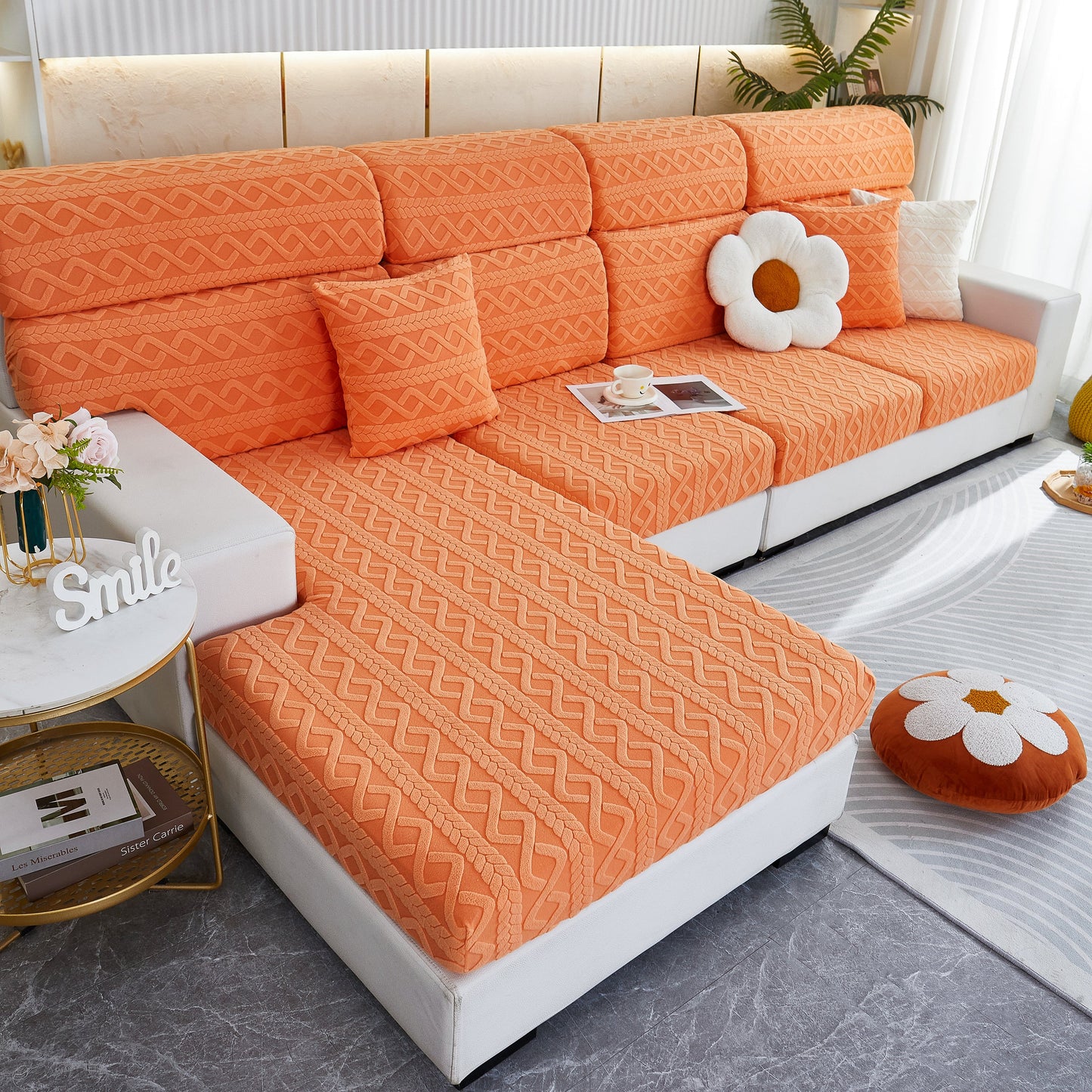 Stretch Couch Seat Cushion Covers, Sofa Slipcover Sofa Cover Soft Flexibility with Elastic Bottom on a modern orange sofa