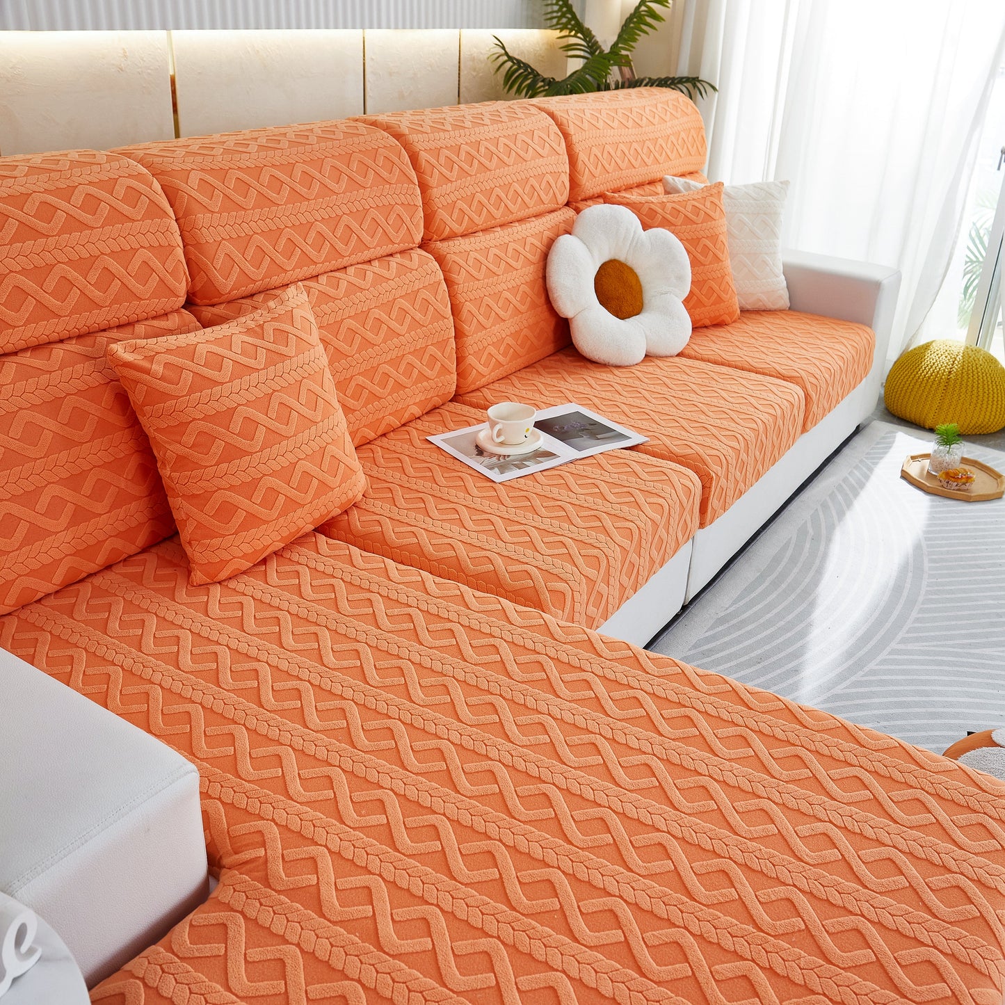 Stretch Couch Seat Cushion Covers, Sofa Slipcover Sofa Cover Soft Flexibility with Elastic Bottom in vibrant orange pattern.