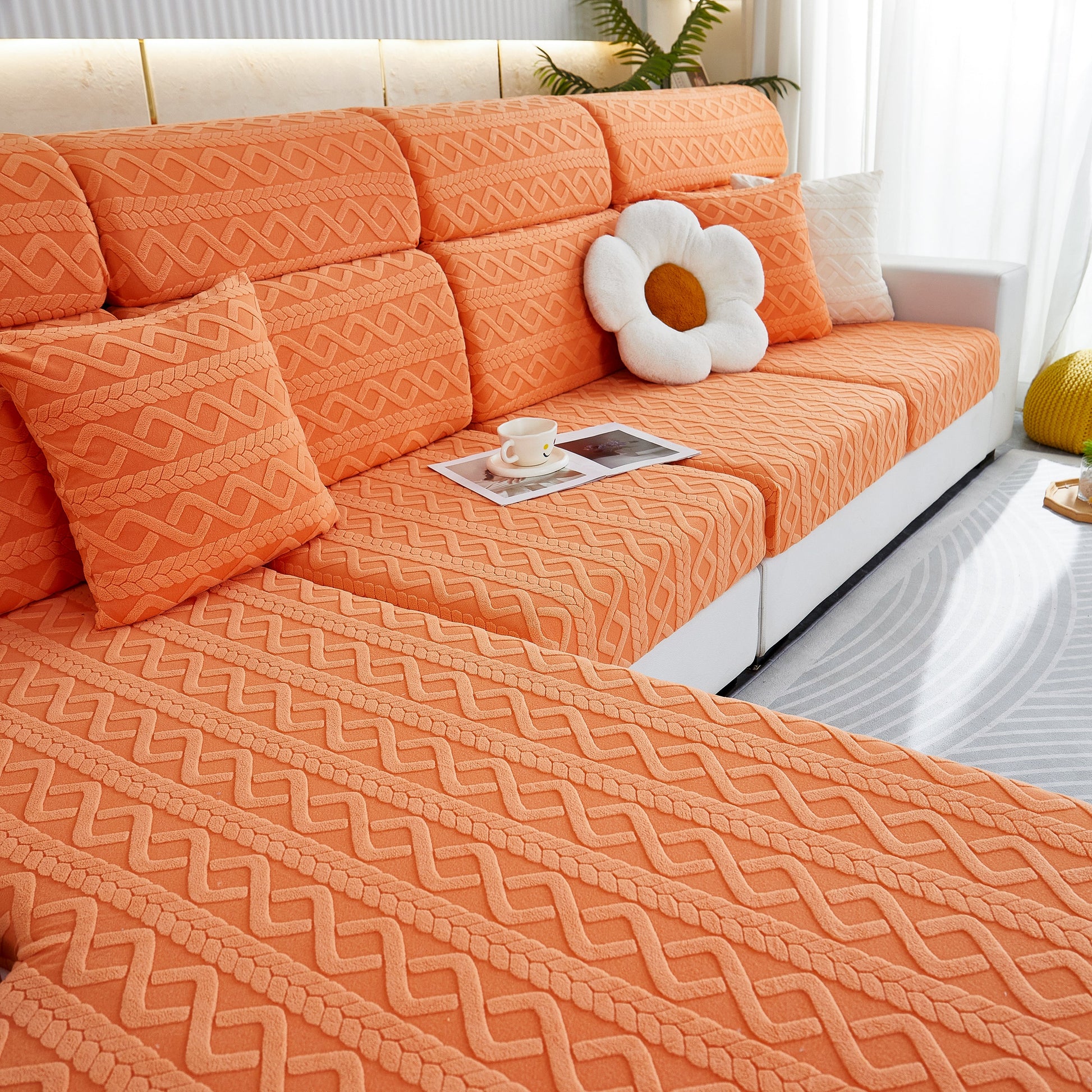 Stretch Couch Seat Cushion Covers, Sofa Slipcover Sofa Cover Soft Flexibility with Elastic Bottom in vibrant orange.