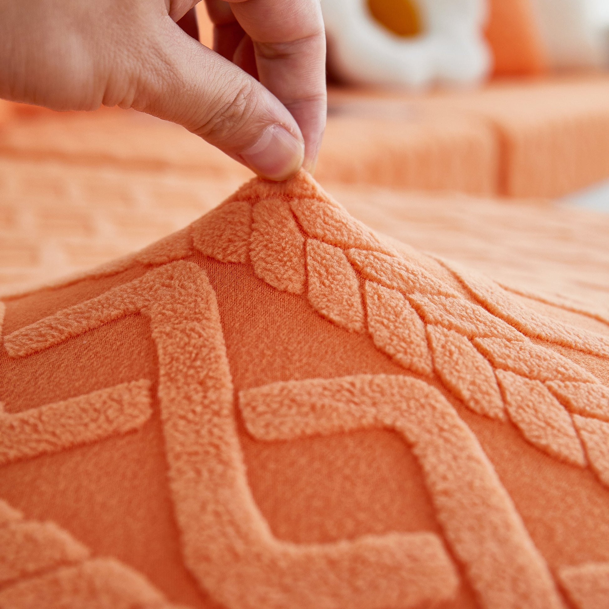 Hand stretching soft orange Stretch Couch Seat Cushion Covers, Sofa Slipcover Sofa Cover Soft Flexibility with Elastic Bottom