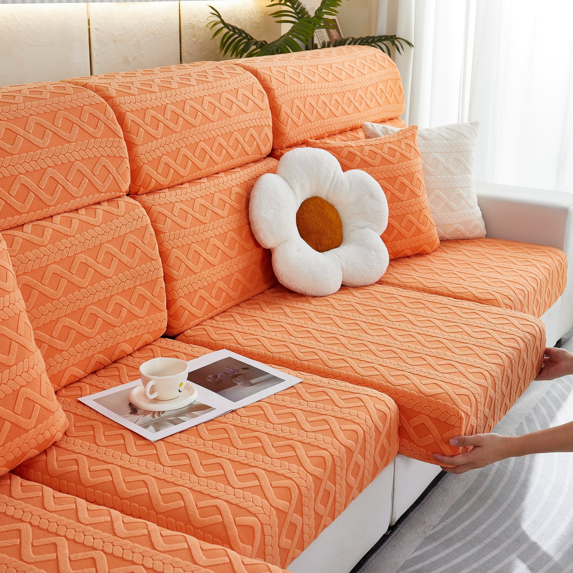 Orange Stretch Couch Seat Cushion Covers, Sofa Slipcover Sofa Cover Soft Flexibility with Elastic Bottom on modern sofa