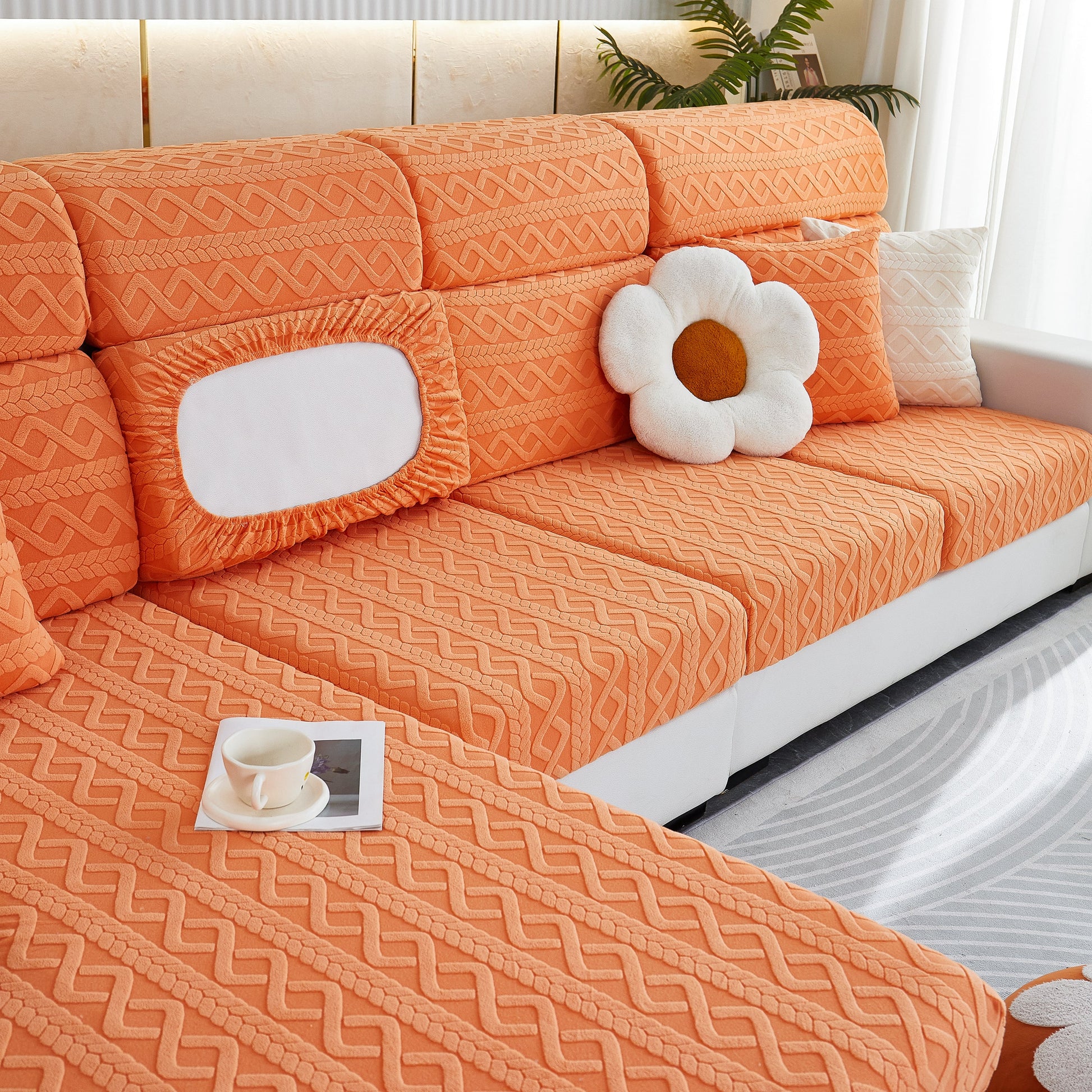 Stretch Couch Seat Cushion Covers, Sofa Slipcover Sofa Cover Soft Flexibility with Elastic Bottom on orange patterned sofa.